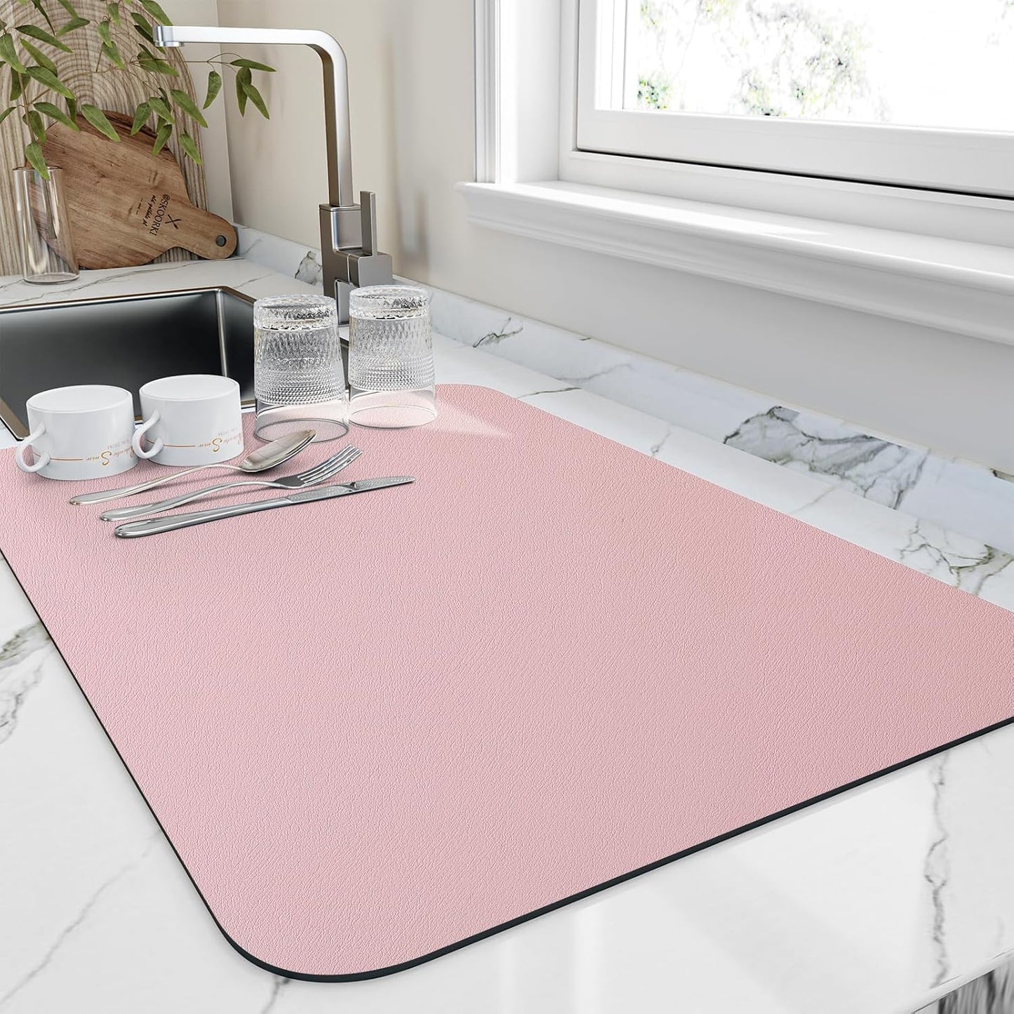 Dish Drying Mat for Kitchen Counter, Heat Resistant Drainer Mats with Non-slip Rubber Backed, Hide Stain Kitchen Super Absorbent Draining Mat, Easy to Clean Dish Rack Pad, Pink 16"x18"