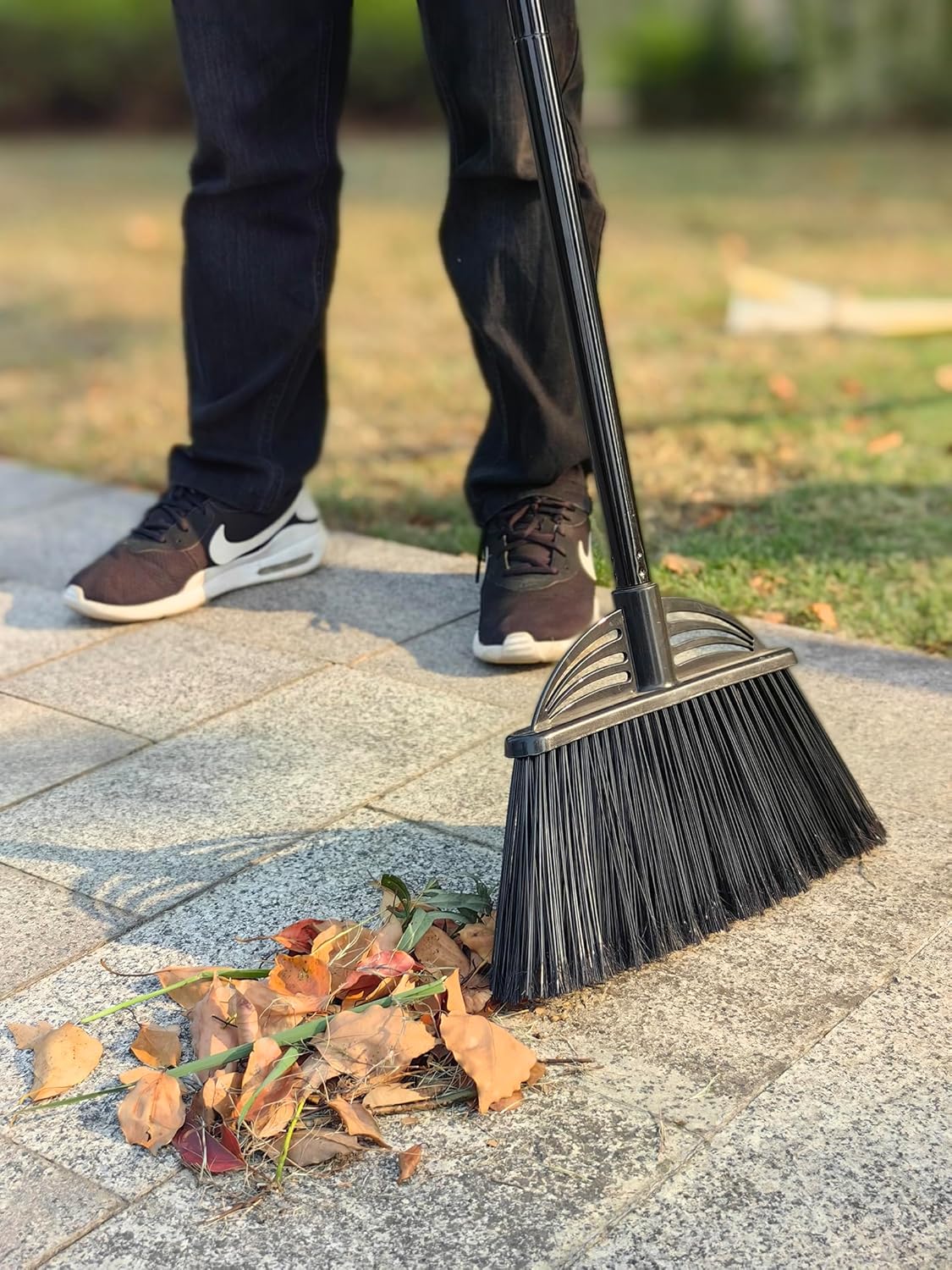 Four-Section Rod Long-Handled Broom,Heavy-Duty Broom, Angle Broom for Outdoor/Indoor（Black+Yellow）