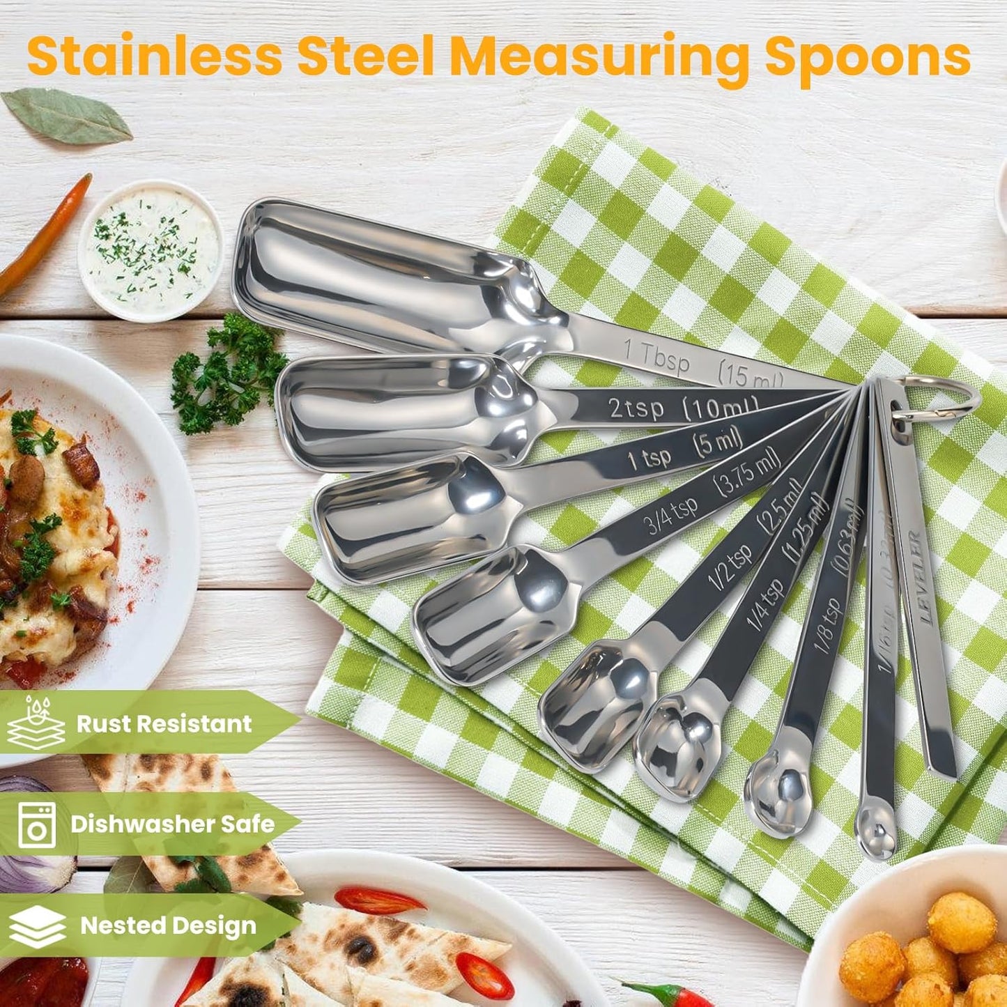 Stainless Steel Measuring Spoons Set of 14 with Leveler, Rectangular Teaspoon & Tablespoon Measuring Spoons for Dry & Liquid Ingredients, Slim Design Fits in Spice Jars