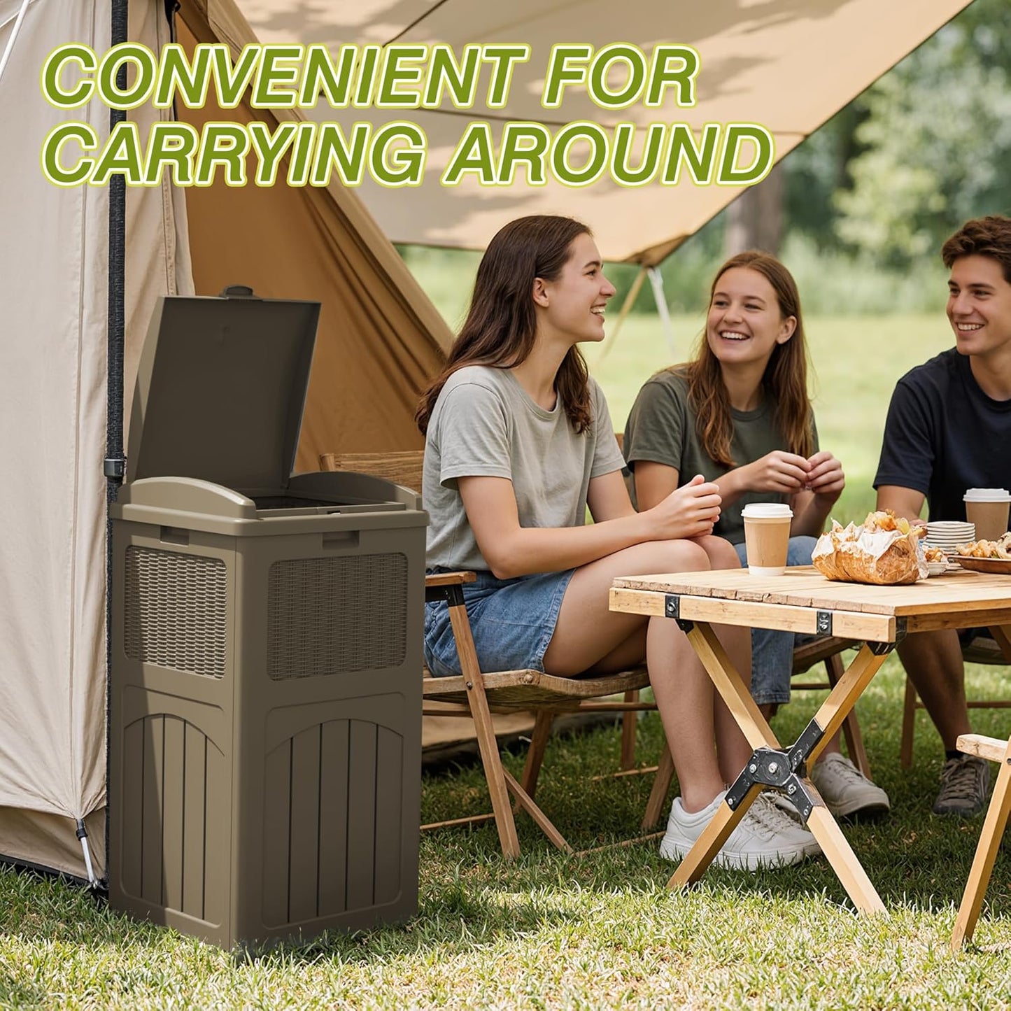 Greesum 33 Gallon Resin Outdoor Trash Can with Lid, Waterproof Resin Garbage Bin for Hideaway, Patio, Deck, 3 Pack, Light Brown