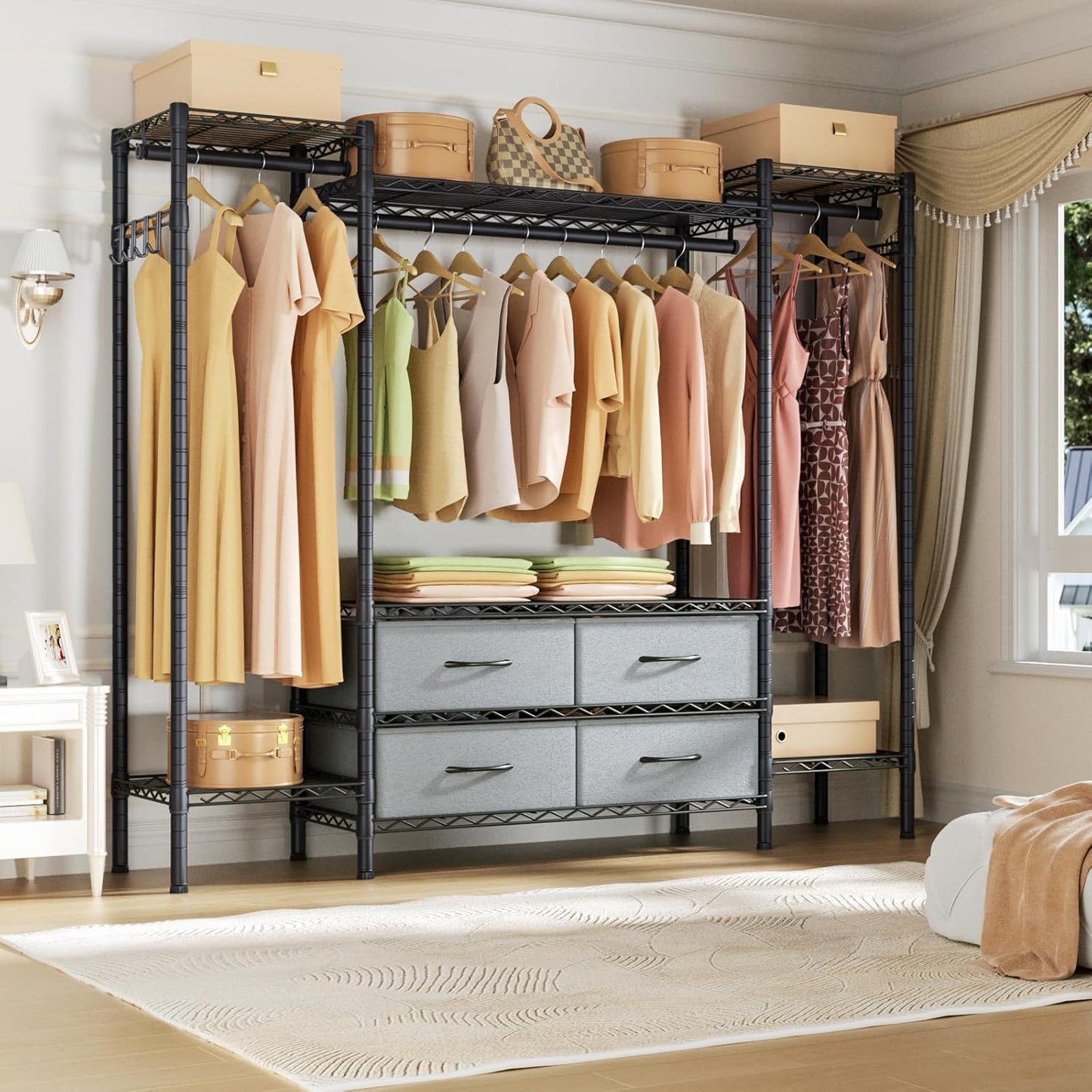 Large Garment Rack Heavy Duty Clothes Rack,Freestanding Closet Portable Clothing Rack with 8 Adjustable Wire Shelves,3 Hang Rods,4 Fabric Drawers,2 Hooks,Metal Closet Storage Wardrobe,MaxLoad 900lbs