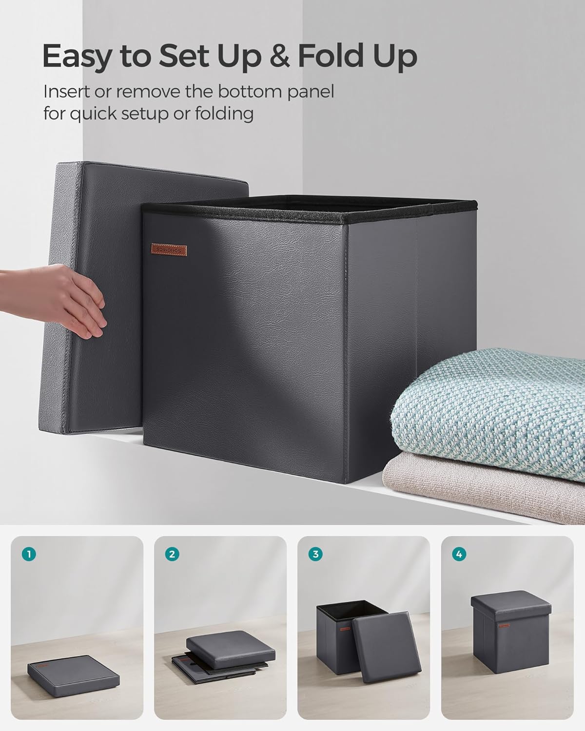 SONGMICS Mazie Collection - 15 Inches Ottoman with Storage, Footstool, Storage Ottoman, Load 660 lb, for Dorm, Living Room, Bedroom, Synthetic Leather, Dark Gray ULSF010G01