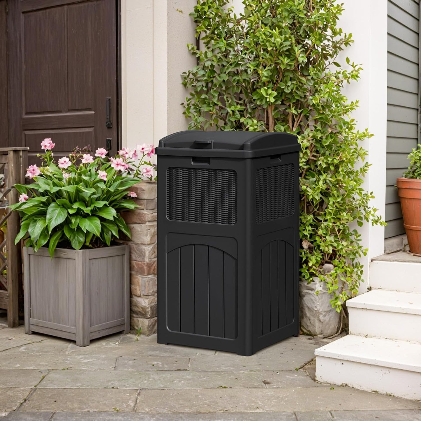 YESHOMY 2 Pack Outdoor Trash Can with Lid, Garbage Bins for Garden, Porch, Home and Kitchen, Black