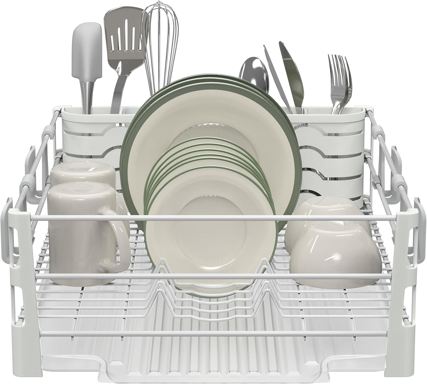 SIMPLE HOUSEWARE White Dish Drying Rack with Drainboard, Utensil Holder & Mug Hooks – Metal Kitchen Counter Organizer