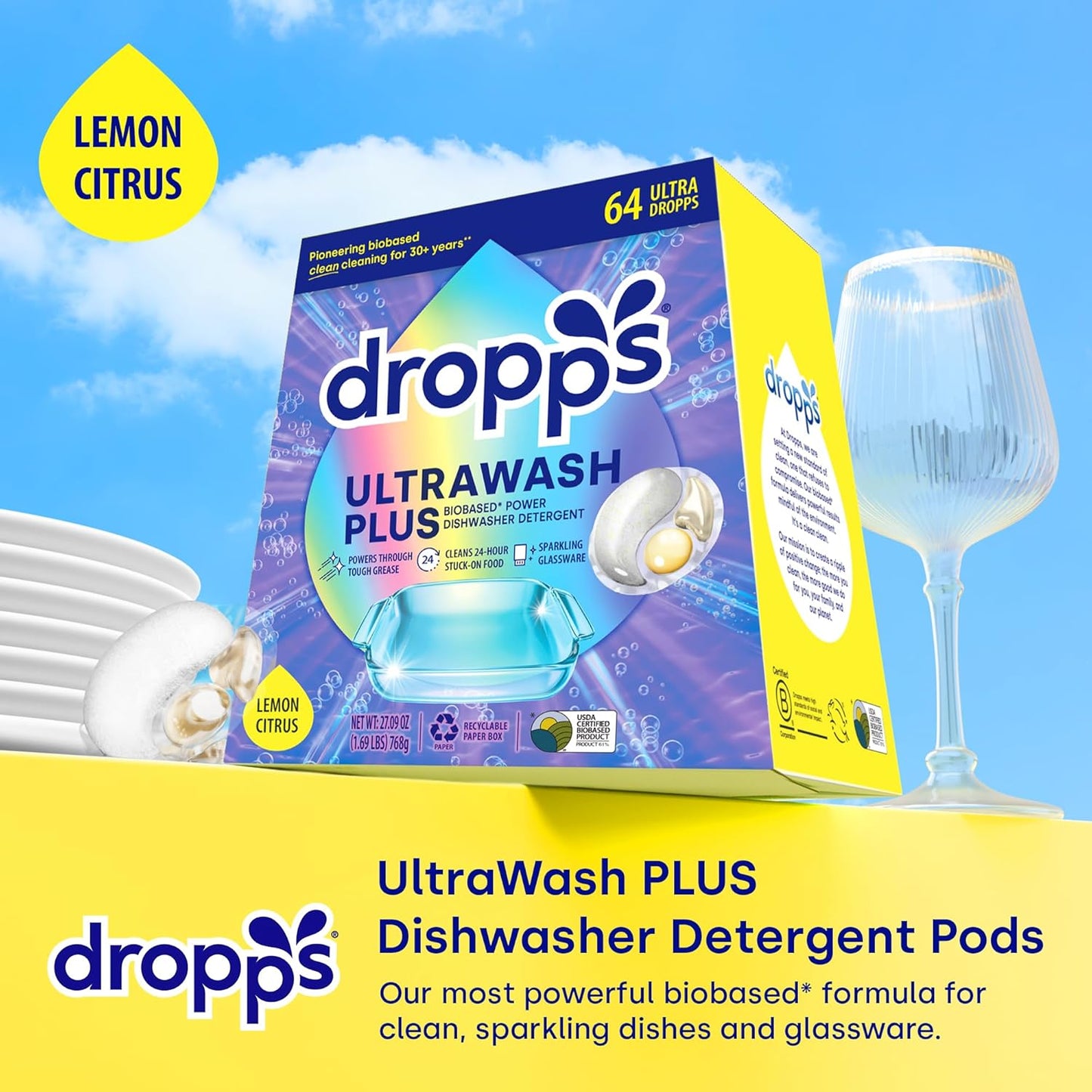 Dropps UltraWash Plus Dishwasher Detergent, Lemon Citrus (64 Pods) - Triple Action Biobased Power Deep Clean Dishwasher Detergent Tablets for Tough Stains - Dishwashing Pods for Shiny Dishes