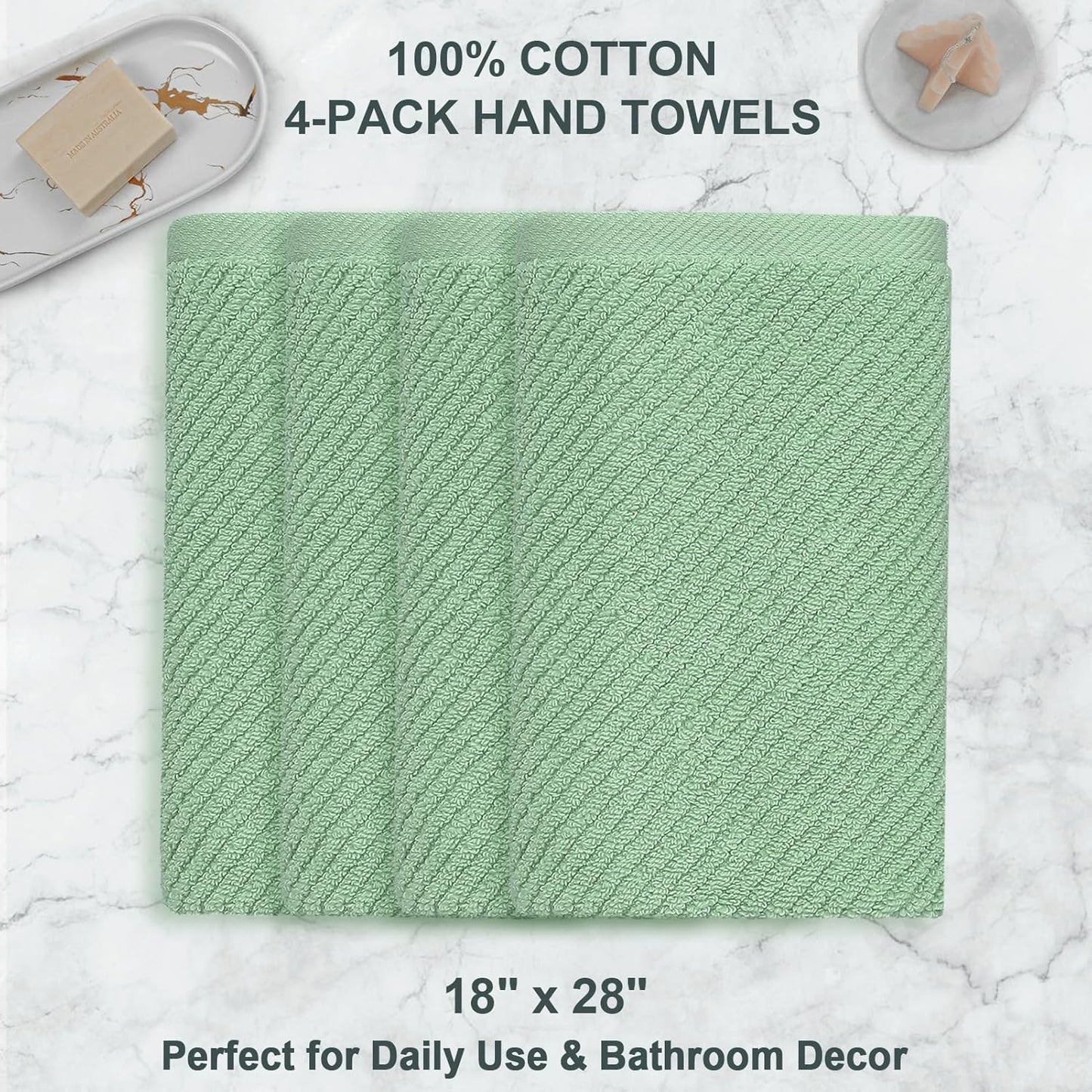 VOOVA & MOVAS Hand Towels for Bathroom Set of 4, Large 18" x 28", 100% Cotton | Lightweight | Thick | Quick Dry | Soft | Absorbent, Sage Green Hand Towels, Bathroom Essentials