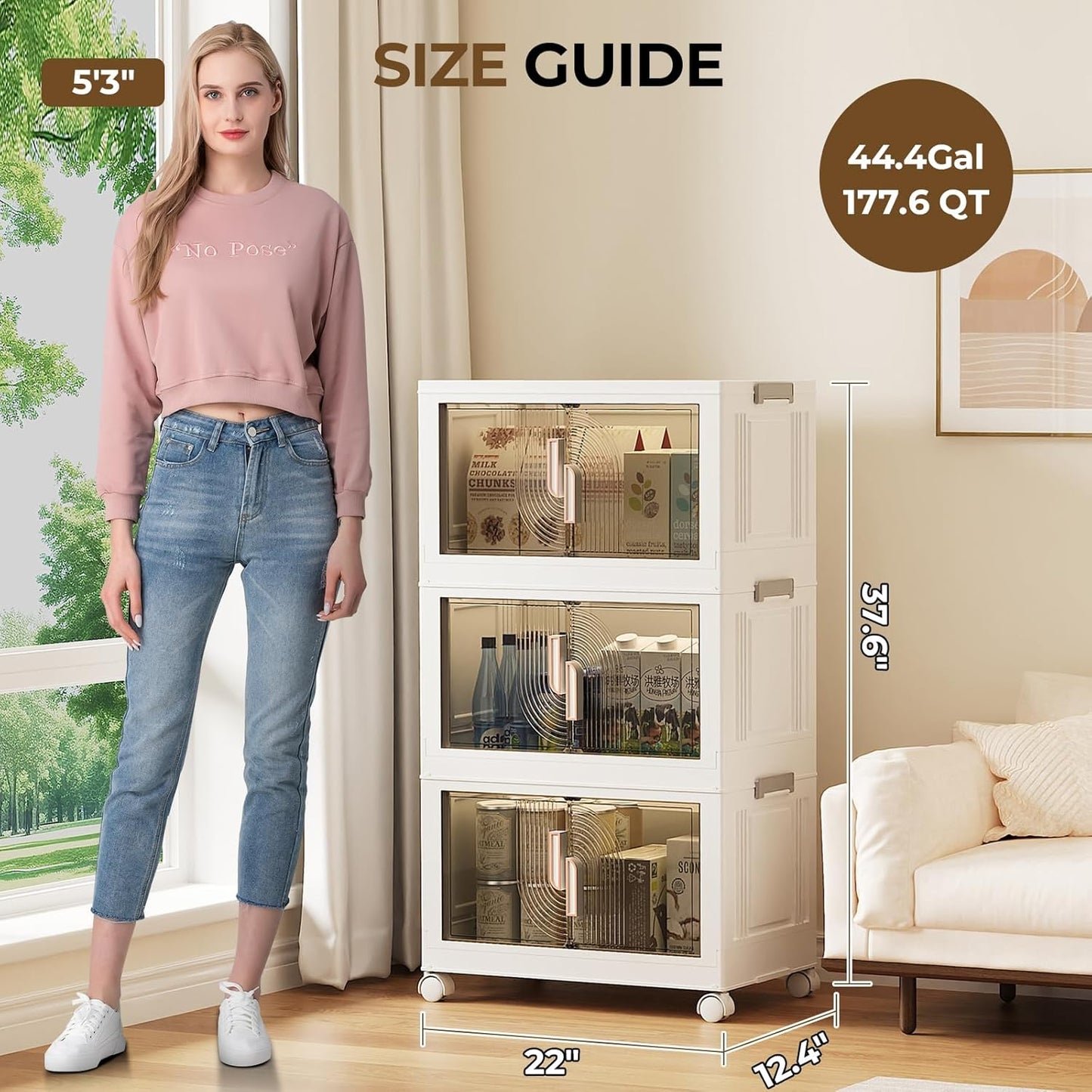 Elegant 3 Tiers Stackable Storage Bins for Home Organization, Moveable Plastic Storage Bins with Lids, Easy Assembled Storage Box for Closet Organizers and Storages Dorm 22" W x 12.4" D x 37.6" H