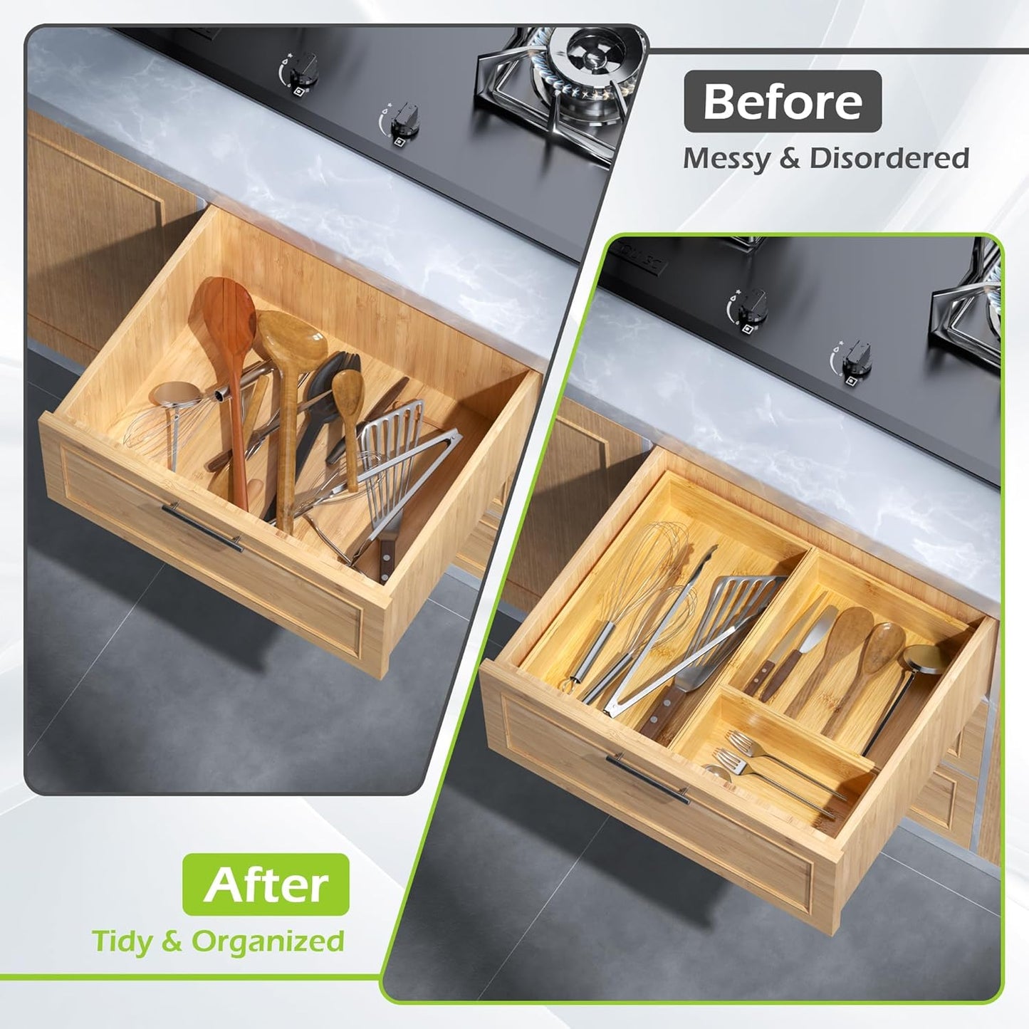 Bamboo Drawer Organizer Set, 5 PCS Multi-use Varied Sizes Junk Drawer Organizer Kitchen Storage Box for Office, Home, Bedroom, Bathroom, Bamboo