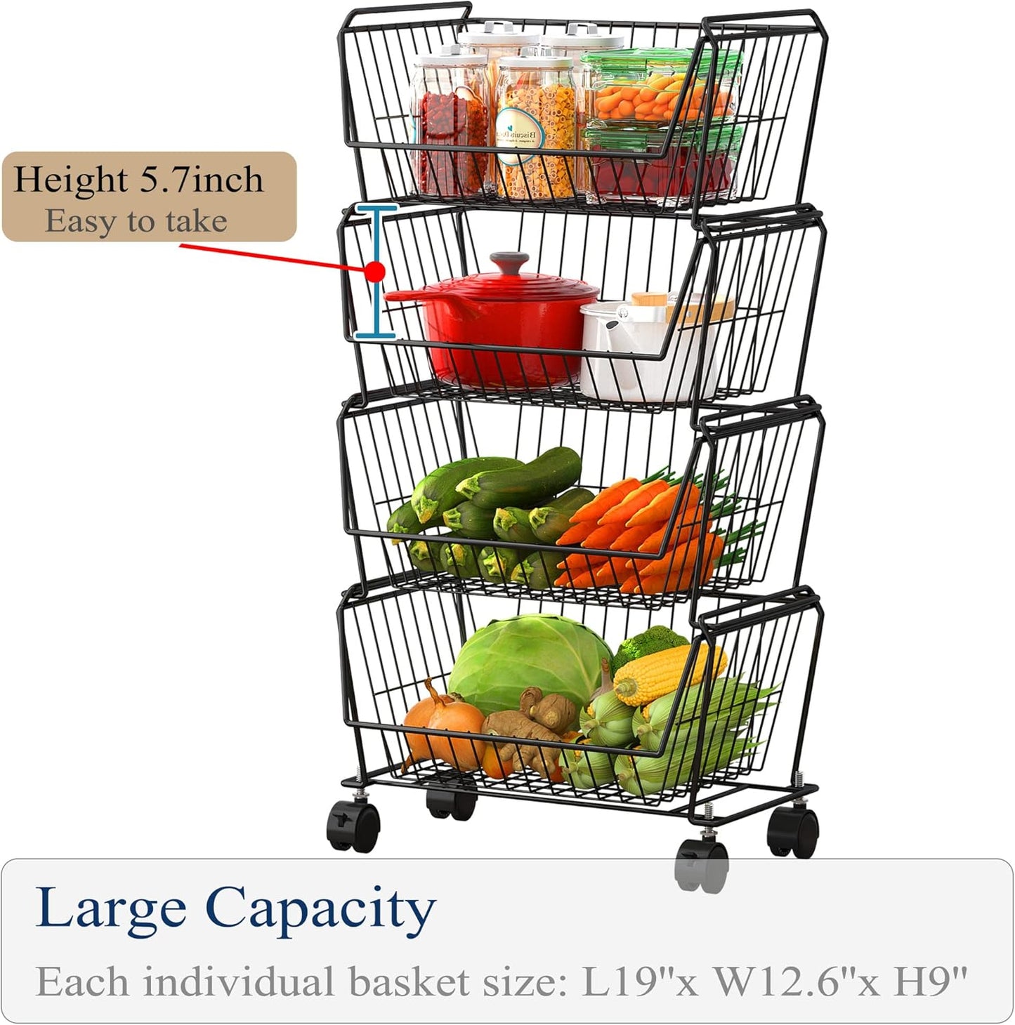 PUSDON 4-Tier Stackable Metal Storage Baskets, Anti-Rust Fruit Vegetable Rack, Dual Use Shelf for Kitchen, Home & Office, Black