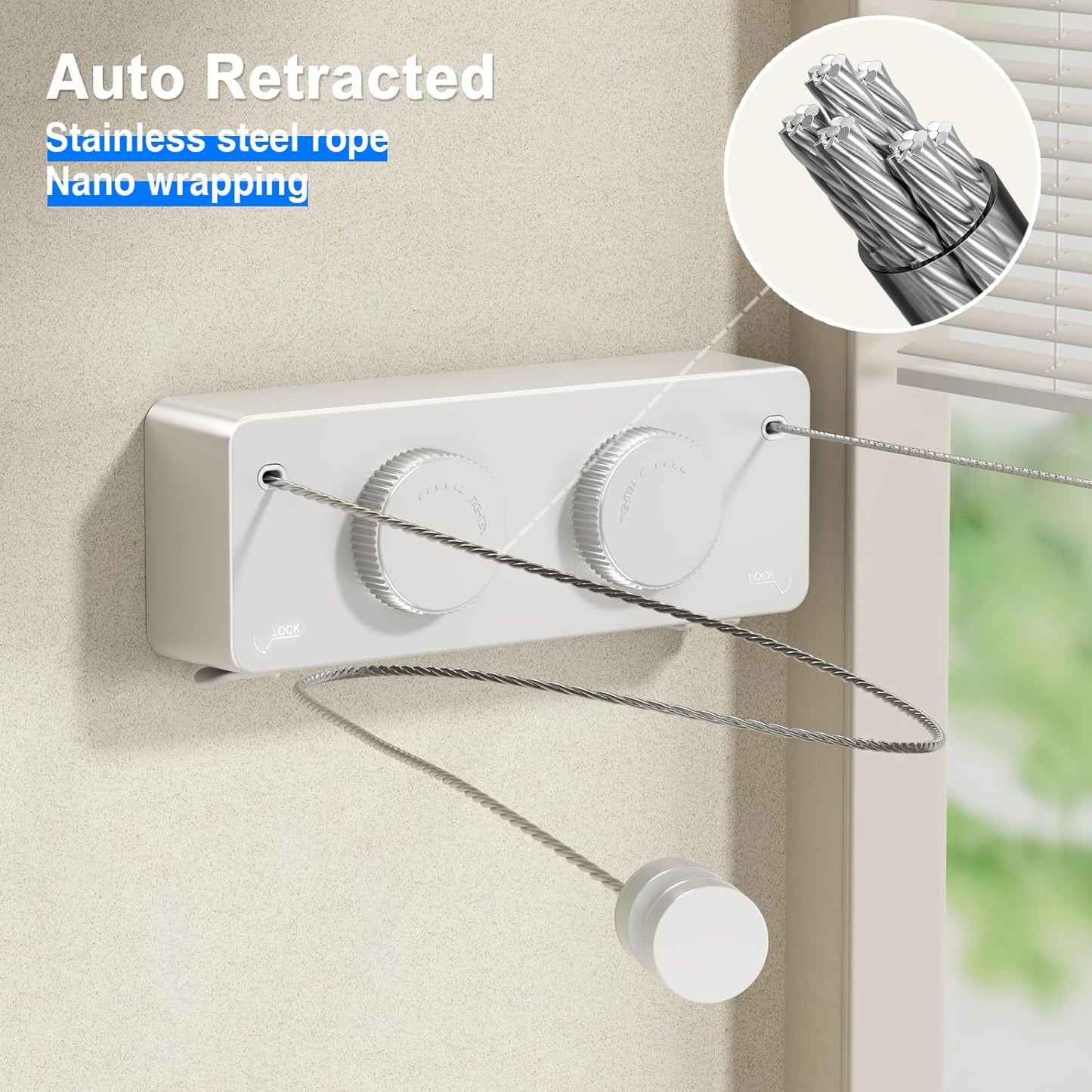 Retractable Twin Clothesline Indoor, Non-Sagging Outdoor Clothes Line Retracting Heavy Duty Clothes Drying Laundry Line Wall Mounted Stainless Steel Line-13.8Feets(Double Line-White)