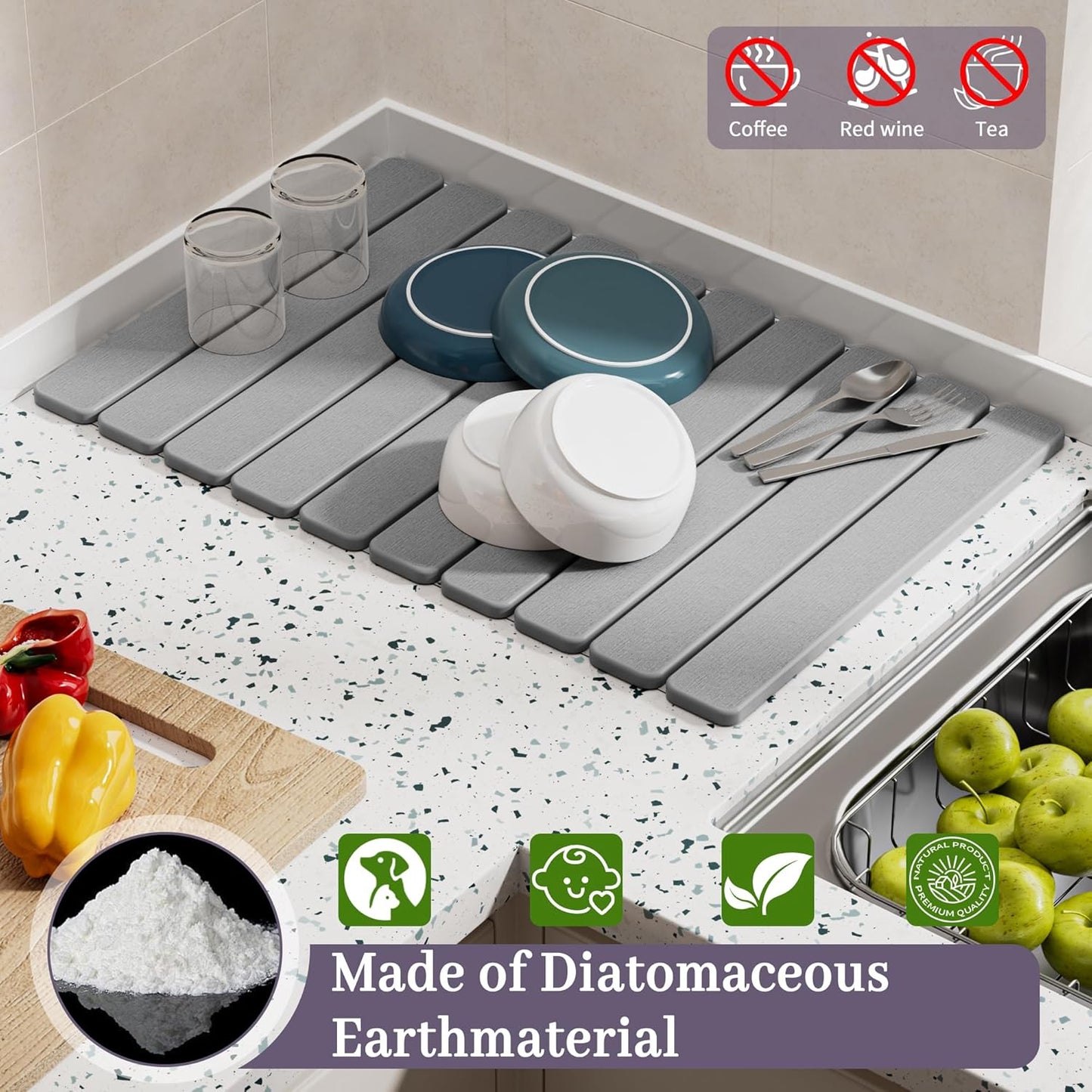 Large Stone Dish Drying Mats for Kitchen Counter – Foldable Quick Dry Stone Mat with Non-Slip Pad & Sandpaper, Super Absorbent Diatomaceous Earth Mat for Dishes and Cups(Ligh Gray 23.5"x15.5")