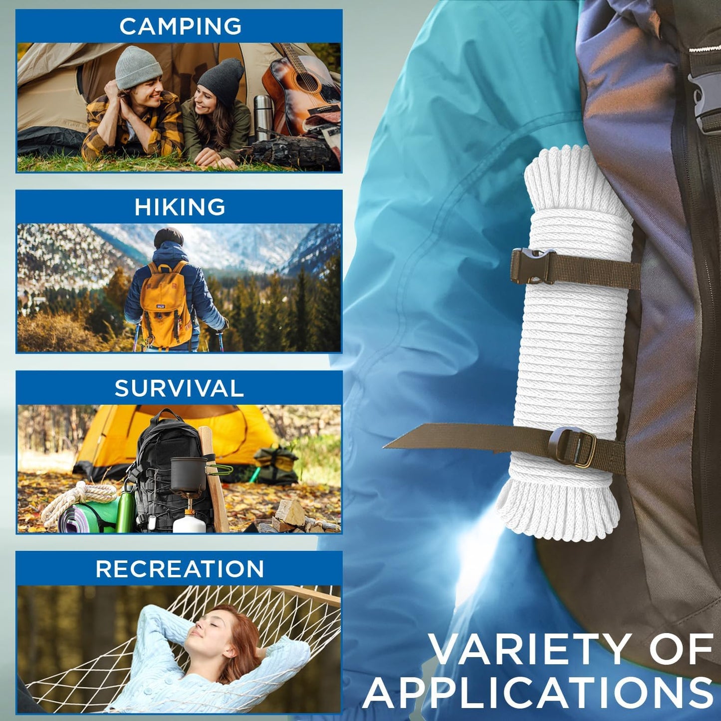 TECEUM Cotton Rope 3/16” (5 mm) – 200 FT – Strong All-Purpose Braided Rope – Natural Cotton – for Crafting, Сamping, Clothes Line, DIY, Indoor & Outdoor Use – White