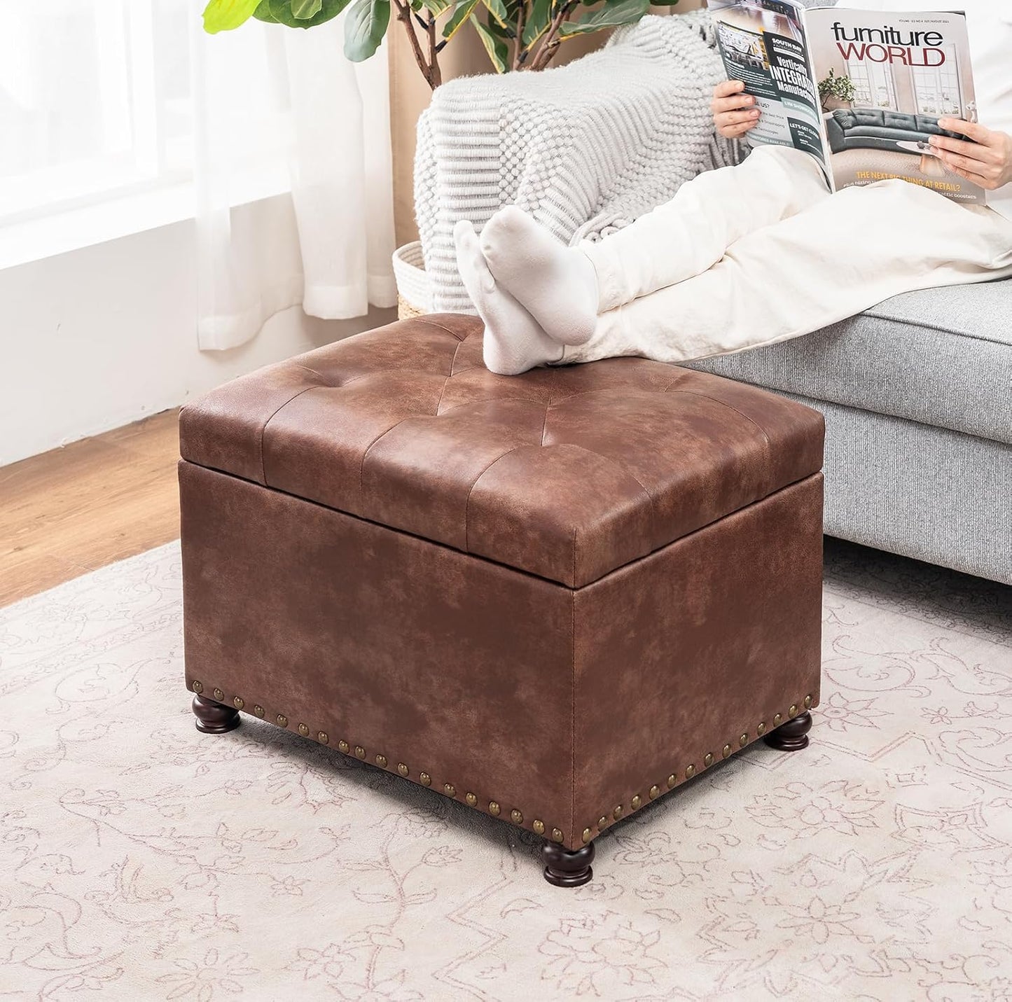 Joveco Leather Storage Ottoman, 24" Rectangle Tufted Square Upholstered Bench, Foot Rest Stool with Wood Legs, Footstool for Living Room Bedroom, Coffee