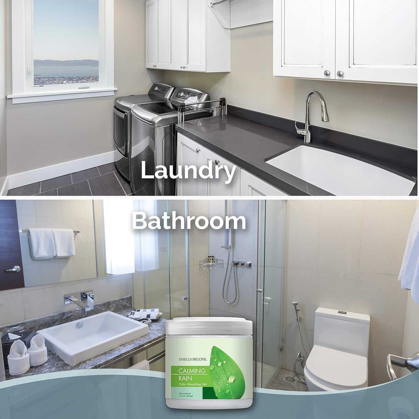 SMELLS BEGONE Air Freshener Odor Absorber Gel - 15 oz, Pack of 2 - Absorbs and Eliminates Odor in Pet Areas, Bathrooms, Cars, & Boats - Made with Essential Oils - Calming Rain Scent