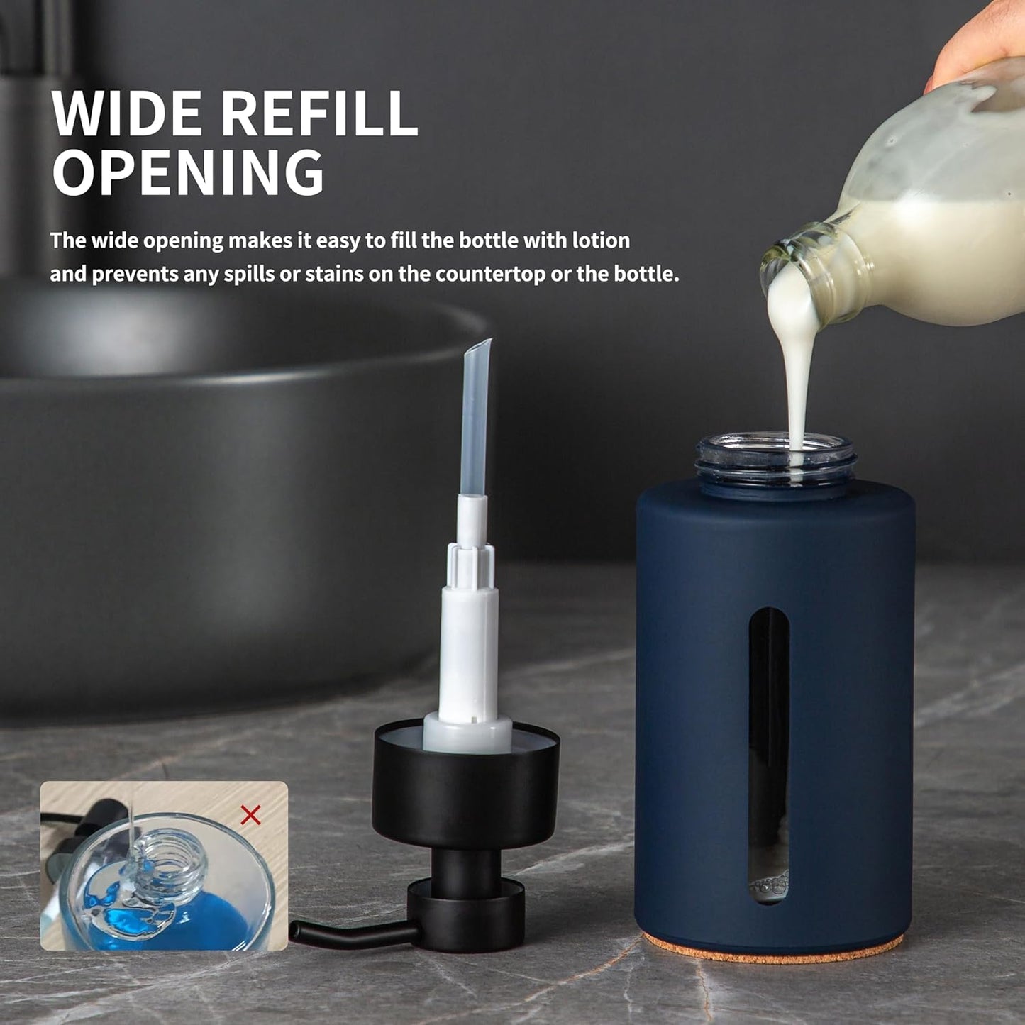 Enra Foaming Soap Dispenser with Window,12oz Blue Kitchen Soap Dispenser with Stainless Steel Hand Pump, Foam Modern Glass Refillable Bottle for Bathroom Kitchen (Blue Foam Dispenser)