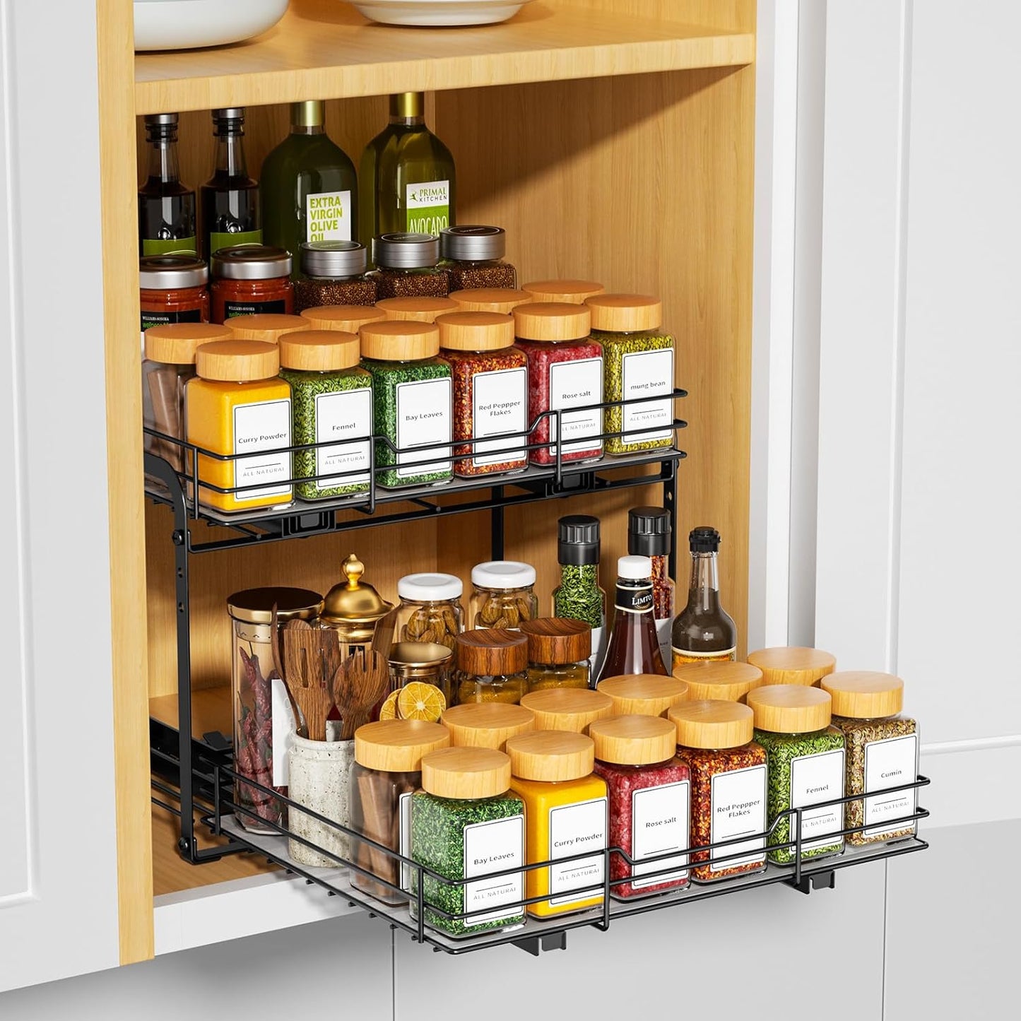 RCHYFEED Spice Organization for Cabinet,2 Tier Pull out Spice Rack Organizer for Inside Cabinets & Pantry, Slide out Heavy Duty Spice Shelf Rack for Kitchen Seasoning (11.5" Wx10.5 Dx9.5 H)