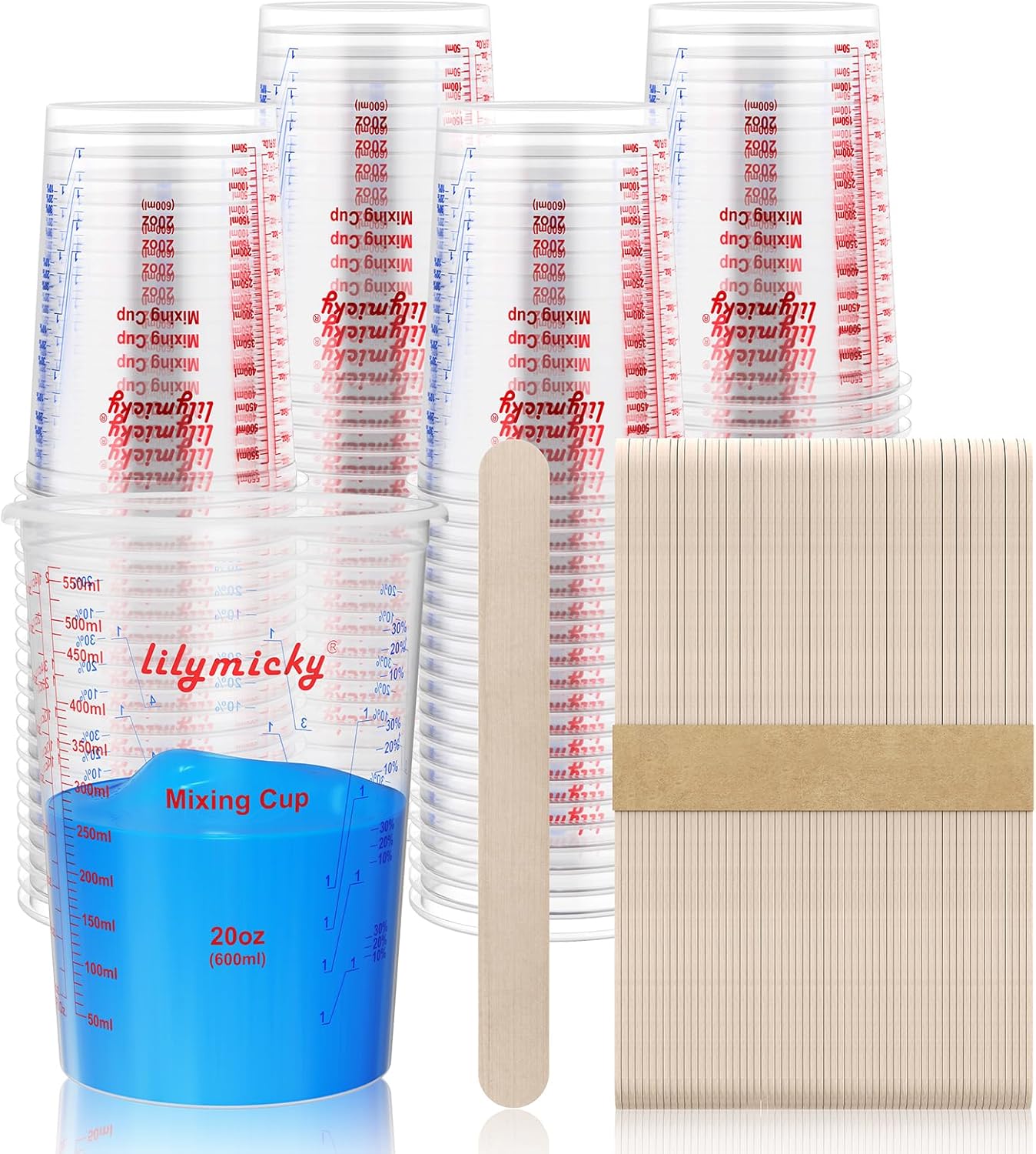 100 Pack Plastic Mixing Cups, 20 oz (600ml), Disposable Measuring Cups with 50 Wooden Mixing Sticks, Measurement ratios: 2:1, 3:1, 4:1, Suitable for Epoxy Resin, Liquid Measuring, and Paint