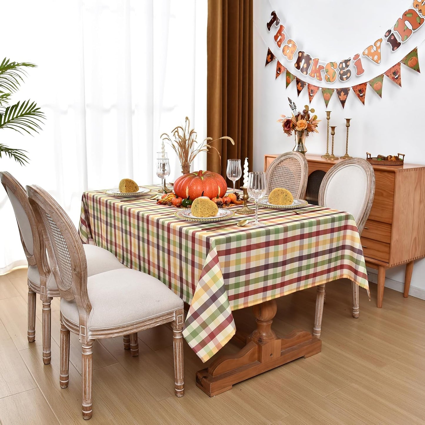 Gingham Tablecloth Fabric - Oblong 58x120 Water Resistant Christmas Plaid Table Cloth for Indoor/Outdoor Use - Fall Tabletop Cover for Birthday, Picnics, Gardens, and Thanksgiving Day