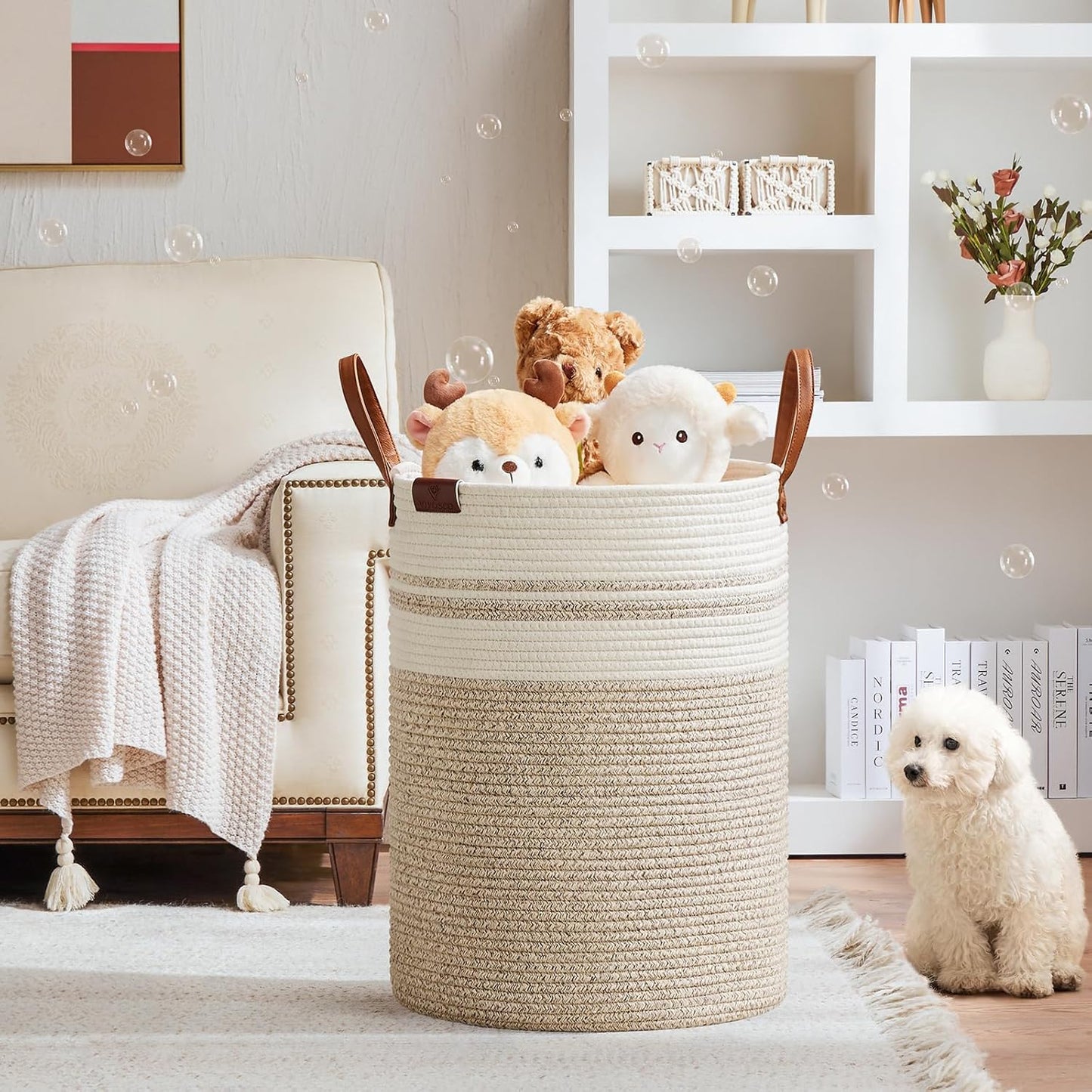 VIPOSCO Tall Laundry Basket, Large Dirty Clothes Hamper with Leather Handle, Woven Rope Storage Basket for Blanket, Toy In Living Room, Bathroom, Bedroom - 100L Brown & White
