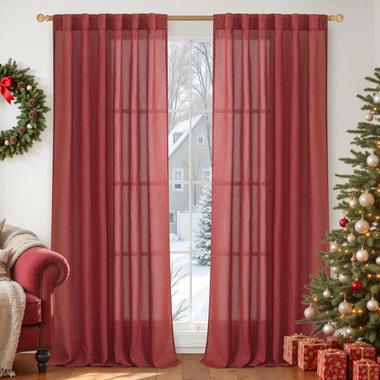 YoungsTex Red Linen Semi Sheer Curtains 84 Inch Length for Living Room 2 Panels Set, Christmas Light Filtering Window Treatments Drapes with Rod Pocket Back Tab for Bedroom Dining, 52 X 84 Inch