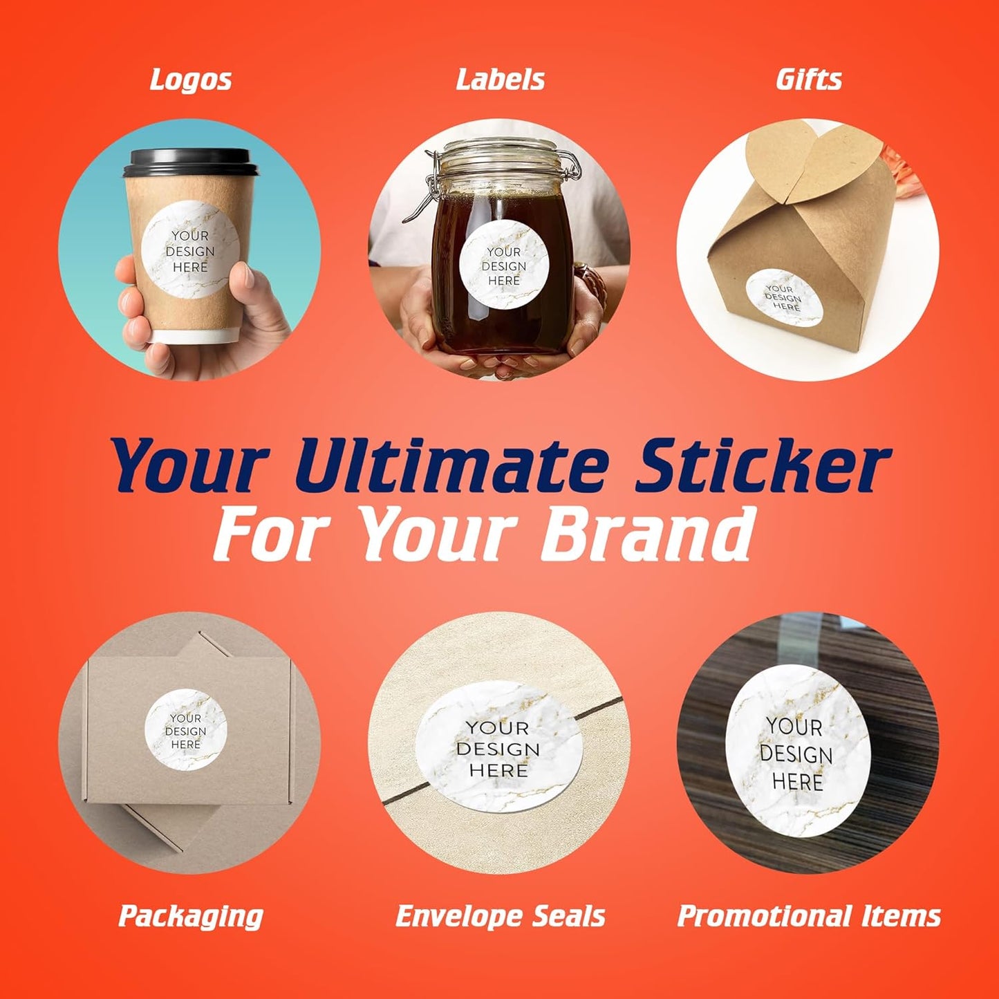 100 Custom Vinyl Stickers - Upload Your own Image, Text, Design, Logo - Personalized Logo Labels for Handmade, Packaging, Bottle, Jars, Candle, Brand Stickers (Gold Marble, 3x3)