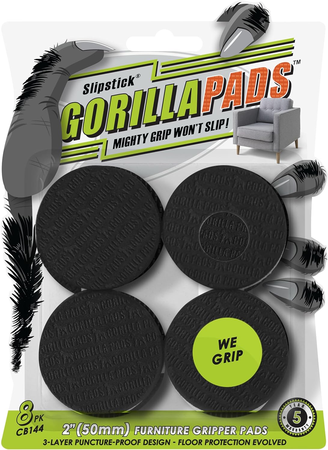 Slipstick GorillaPads CB144 Non Slip Furniture Pads/Grippers (Set of 8) Furniture Feet Floor Protectors, 2 Inch Round, Black