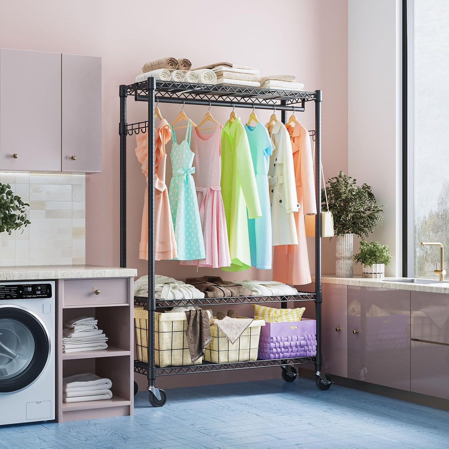 IZEUK 3 Tier Heavy Duty Rolling Garment Rack Wire Clothes Rack for Hanging Clothes, Metal Freestanding Closet Wardrobe Rack with 1 Rods and Wheels Black 15.7" D x 45.3" W x 75.6" H