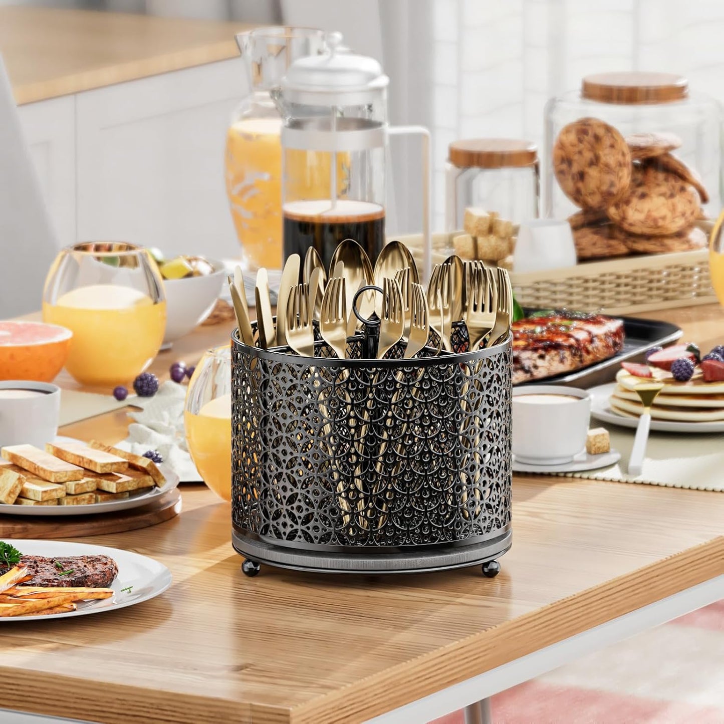 360° Rotating Utensil Holder Caddy - Fast-Drying Silverware Flatware Organizer - 4 Compartment Large Cutlery Holder with Handle For Kitchen Countertop Party Office Picnic Table Black