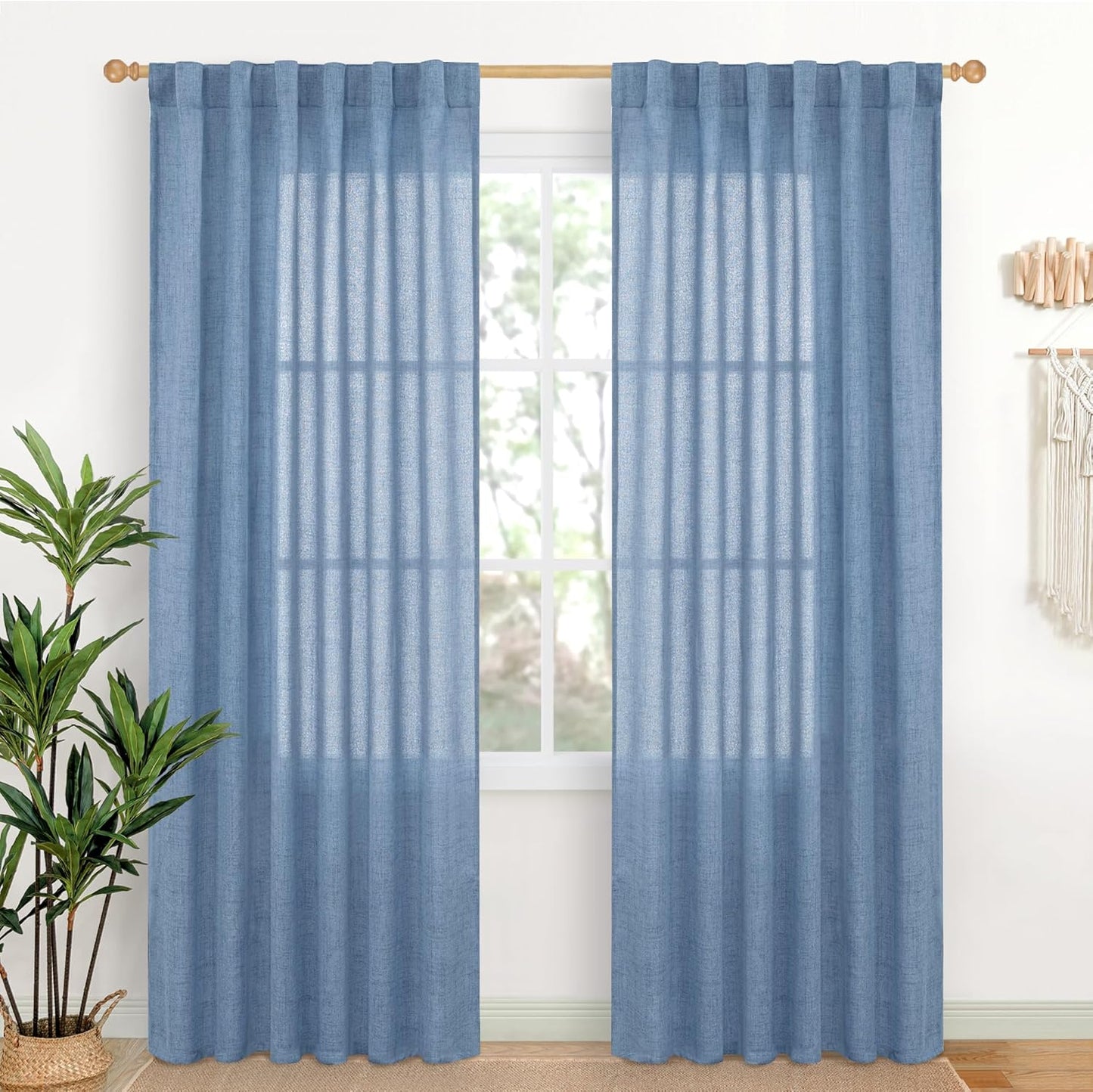 YoungsTex Denim Blue Linen Curtains 80 Inch Length for Living Room, Light Filtering Semi Sheer Window Drapes Rod Pocket Back Tab Curtain for Bedroom Dining Room Coastal Privacy, 2 Panels, 52 X 80 Inch