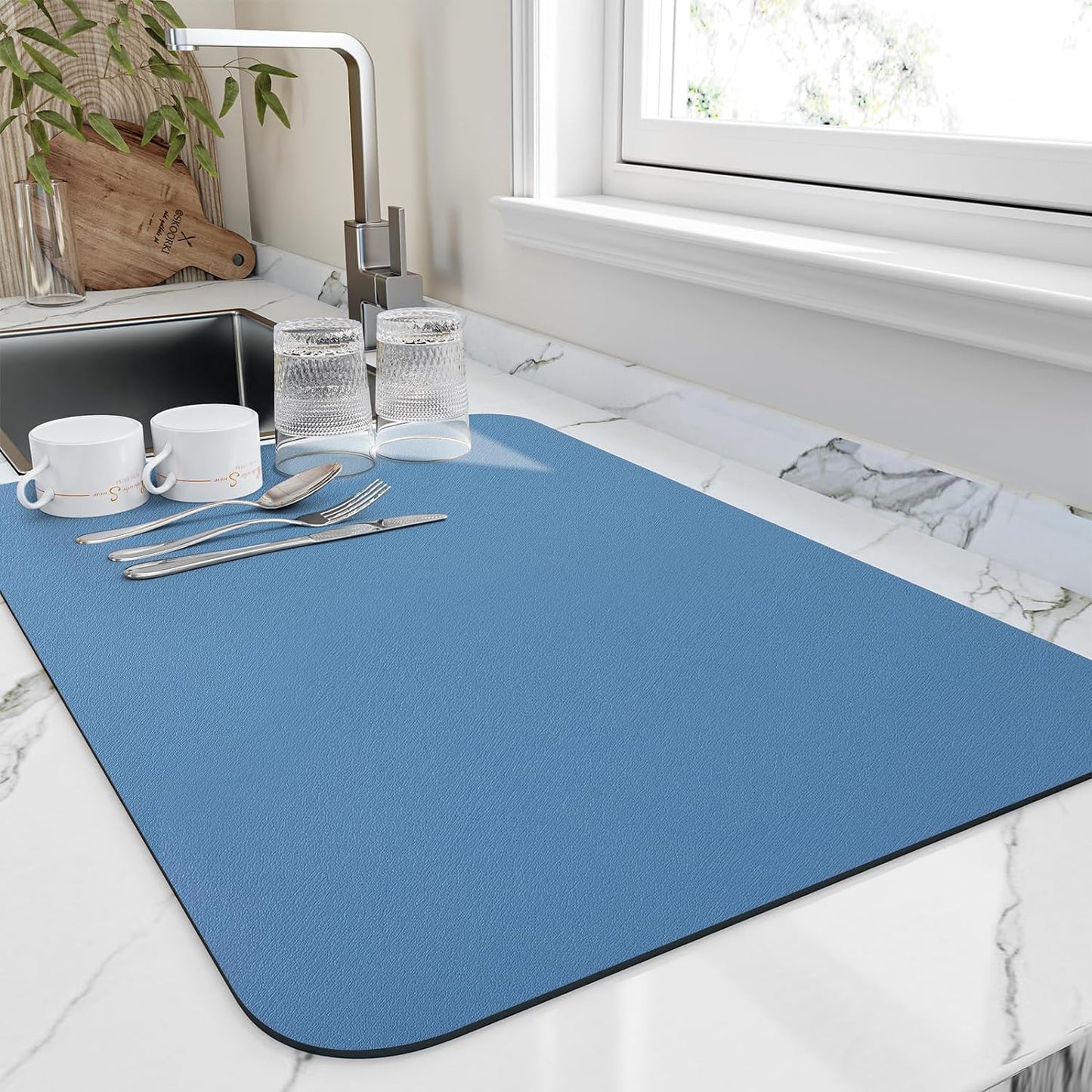 Dish Drying Mat for Kitchen Counter, Heat Resistant Drainer Mats with Non-slip Rubber Backed, Hide Stain Kitchen Super Absorbent Draining Mat, Easy to Clean Dish Rack Pad, Blue 16"x20"
