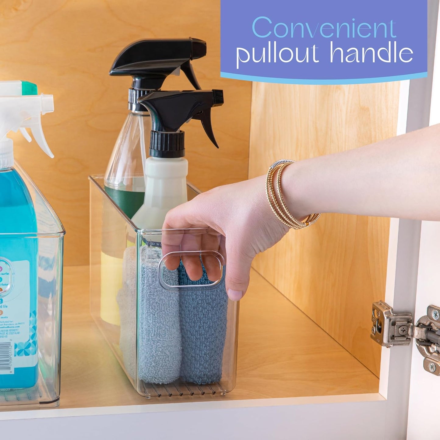 Plastic Food Storage 6 Pack Clear Container Bin with Handles for Organizing Kitchen, Pantry, Refrigerator, Freezer, Pantry, Cabinet, Closet, Bathroom. 10”x4”x6”