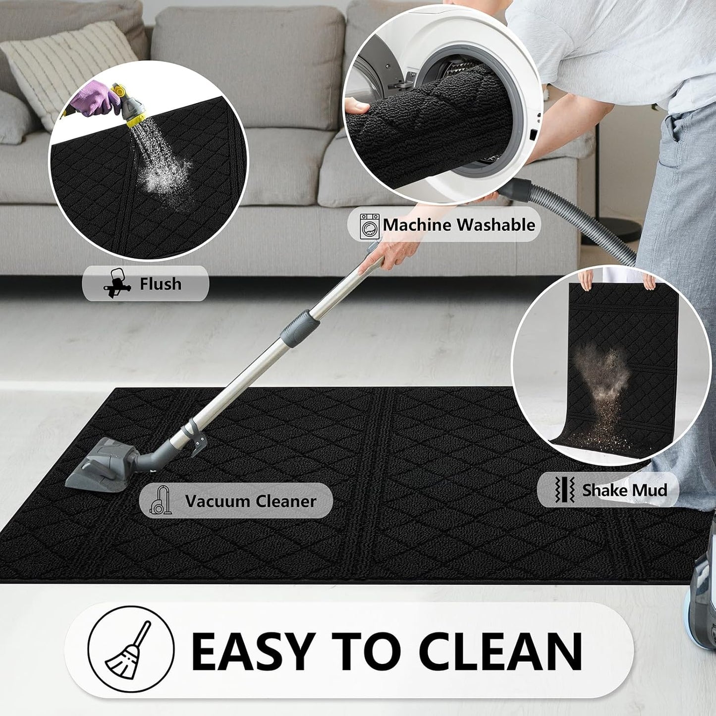 REFETONE Indoor Doormat, Front Back Door Mat 36"x59" Absorbent Rubber Backing Non Slip Door Mats, Low-Profile Resist Dirt Entrance Rugs, Machine Washable Door Rugs Inside Floor Mat for Entryway, Black