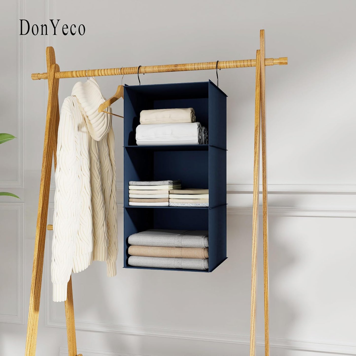 Hanging Closet Organizer - 3-Shelf, Easy Mount Foldable Wardrobe Storage Shelves for Clothes, Handbags, Shoes & Accessories - Washable Oxford Cloth Fabric, Navy Blue