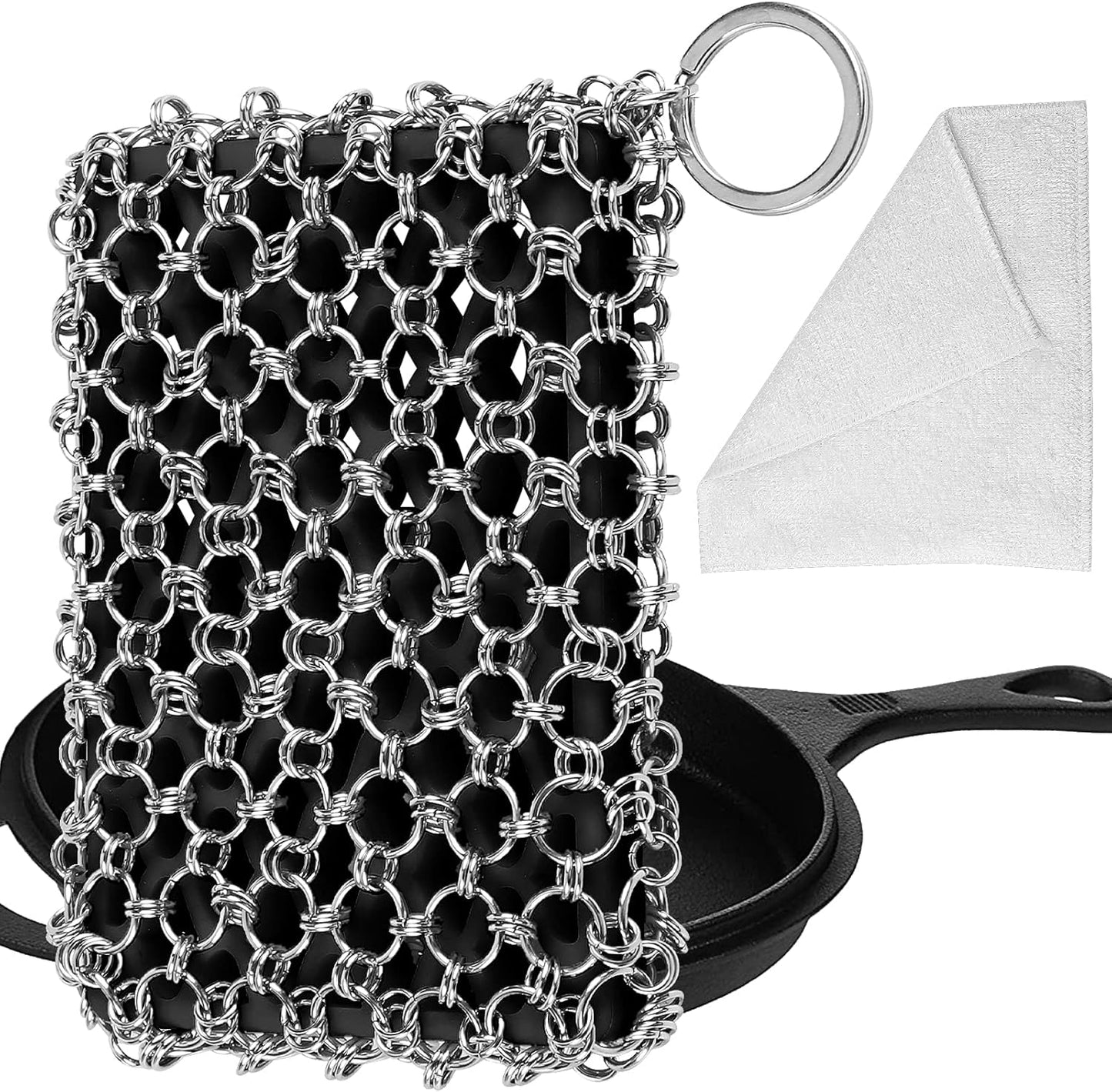 Herda 316L Cast Iron Scrubber Cleaner, Large Chainmail Scrubber for Cast Iron Pan - Chain Mail Scrubber Cast Iron Sponge - Metal Cast Iron Skillet Scrubber, Wok, Dutch Oven Cast Iron Cleaning Kit