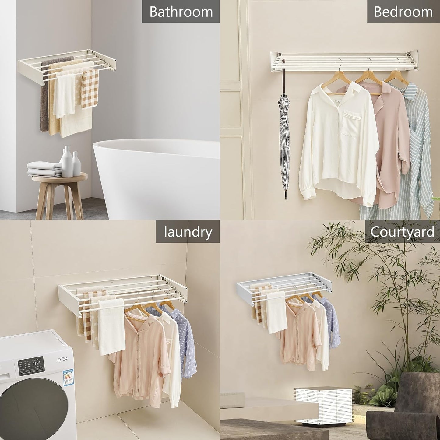 JOOM Laundry Drying Rack Collapsible, Wall Mounted Clothes Drying Rack, Retractable Drying Rack, 31.5" Wide, 5 Aluminum Rods, 60 lb Capacity (White 31.5")