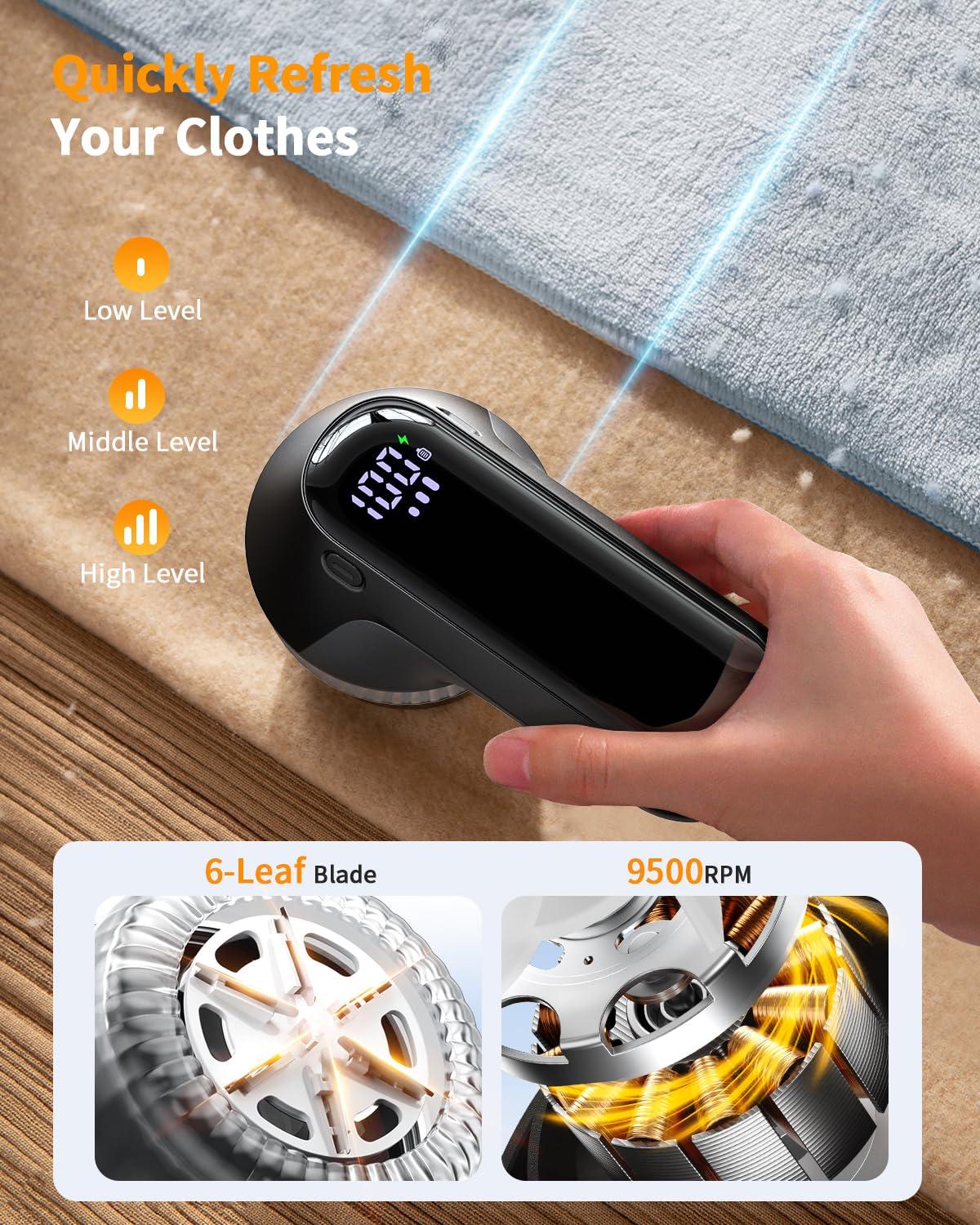 Fabric Shaver, Rechargeable Lint Shaver with Digital Display, Electric Portable Sweater Shaver with 6-Leaf Blades and Safety Lock, 3-Speeds Lint Remover to Remove Pilling for Clothes, Couch, Furniture