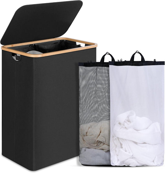 efluky Double Laundry Hamper with Lid, Divided Laundry Hamper with Removable Bags, 2 Section Dirty Clothes Basket with Handles for Bathroom, Bedroom & Laundry Room, 160L Black