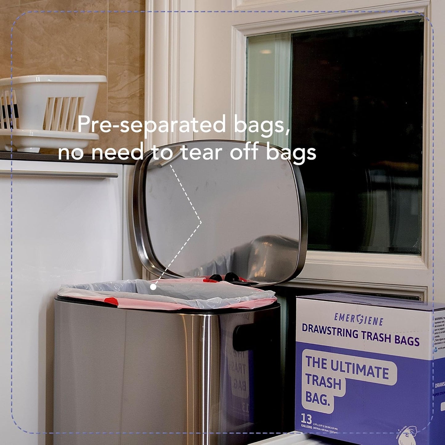 13 Gallon Drawstring Trash Bags, Lavender Scented 200 Count Tall Kichen Garbage Bags, Pre-Separated, Odor Control, Ultra Strong, Leakproof, Sturdy, White