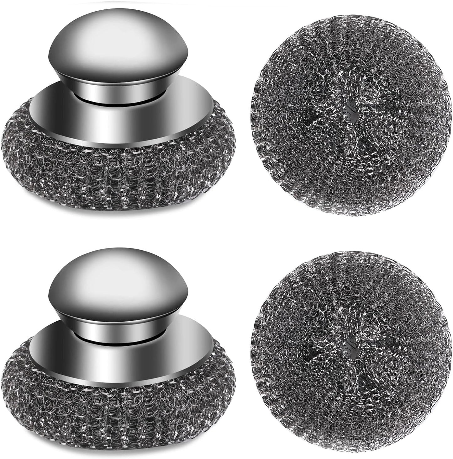 4pcs Steel Wool Scrubber with Replacement Wire Sponge Pads Set, Stainless Steel Scrubber with Handle for Scouring Stubborn Messes from Cast Iron, Pots, Pans, Grill, Stoves, Sink(2 Scrubber+2 Pads)