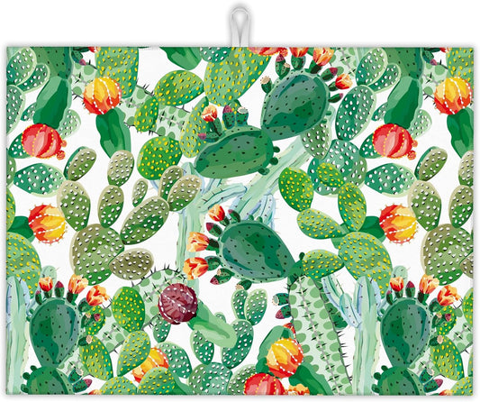 Green Cactus Dish Drying Mat, Tropical Plant Drying Rack Pad Countertop Dishes Ultra Absorbent Microfiber Kitchen Counter Mat for Coffee Countertop Decor 18x24 Inch
