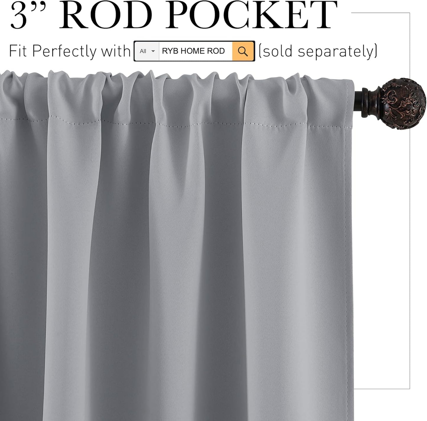 RYB HOME Blackout Curtains for Small Window, Thermal Insulated Kitchen Curtains and Drapes Rod Pocket Room Darkening Shades for Studio Dorm Loft, Silver Grey, W42 x L63 inch, 2 Panels