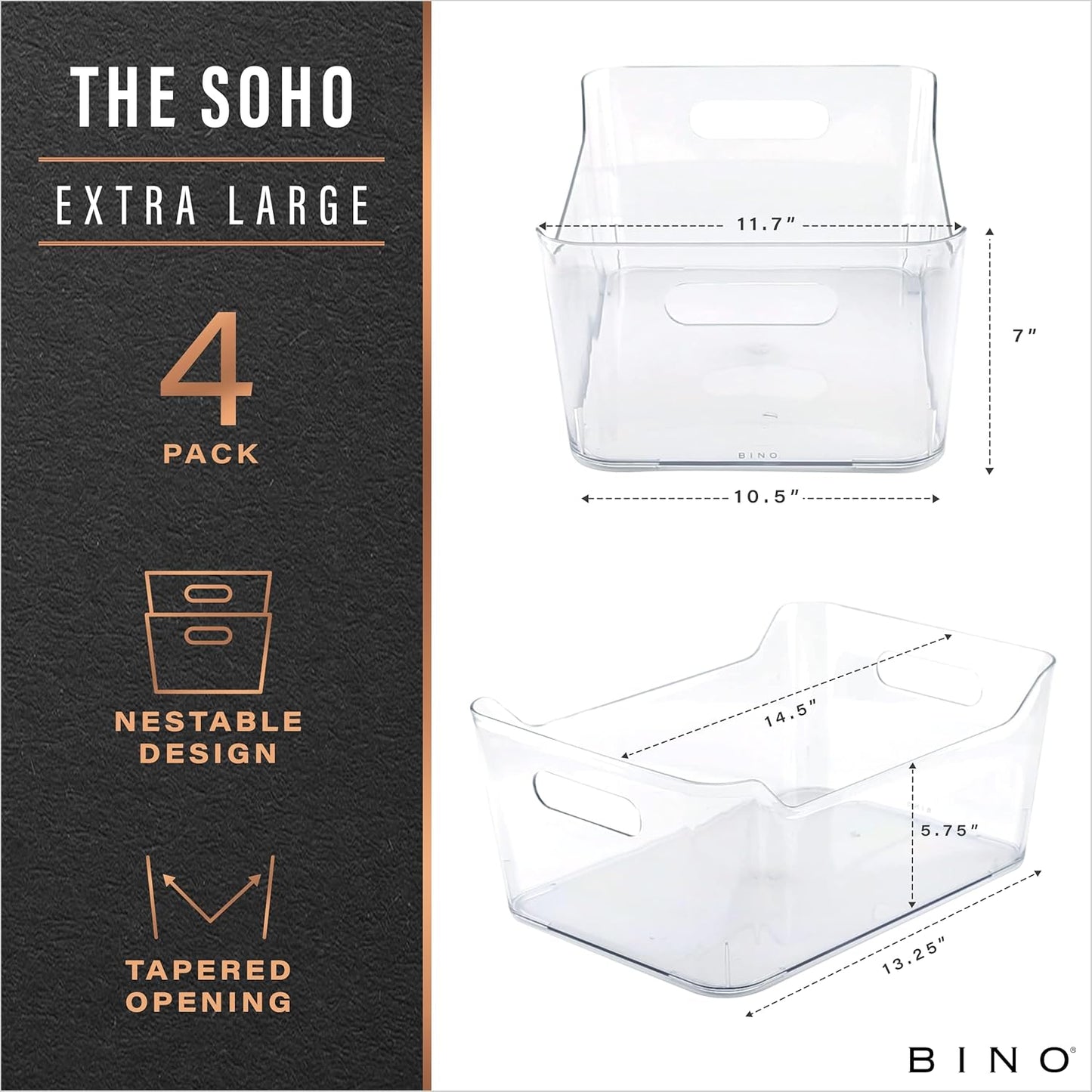 BINO | Plastic Organizer Bins, X-Large - 4 Pack | The SOHO Collection | Multi-Use Organizer Bins | Pantry & Freezer Bin | Plastic Storage Containers | Bin for Home & Kitchen Org