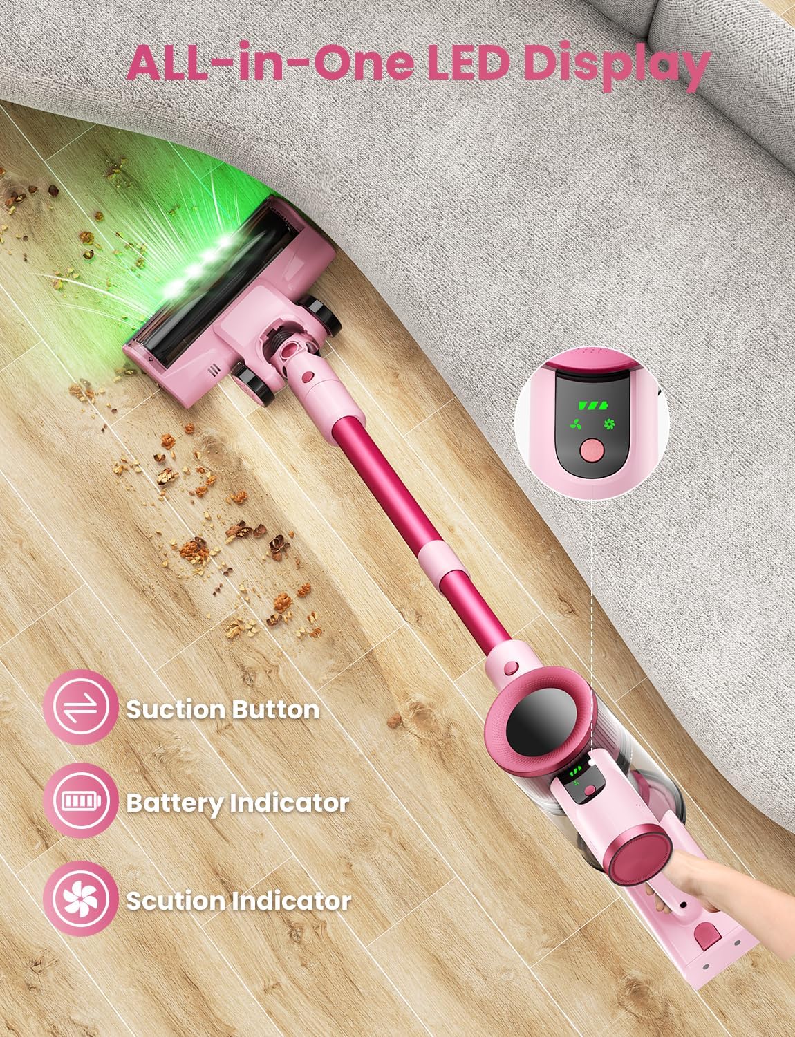 Dzaki Cordless Vacuum Cleaner, Stick Vacuum with Smart LED Display, 50KPA 55Mins Vacuum Cleaners for Home, Powerful Suction, Anti-Tangled Lightweight Rechargeable Vac for Pet Hair, Carpet, Hard Floor