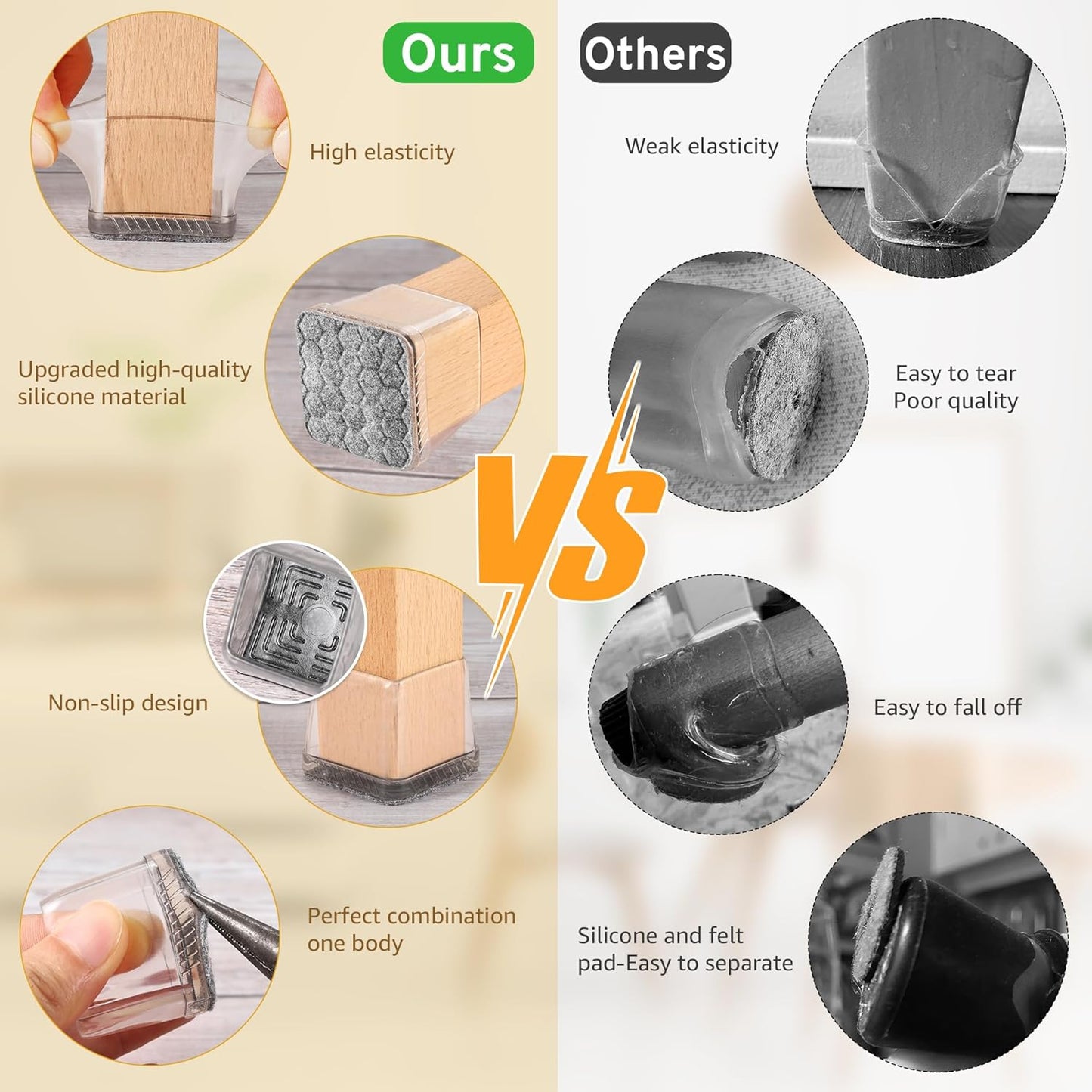 24PCS Square Chair Leg Floor Protectors, Furniture Sliders, Chair Leg Protectors for Hardwood Floors, Non-Slip Felt Furniture Pads, Silicone Cap Covers to Protect Floors, (Fit 1.5" - 2")