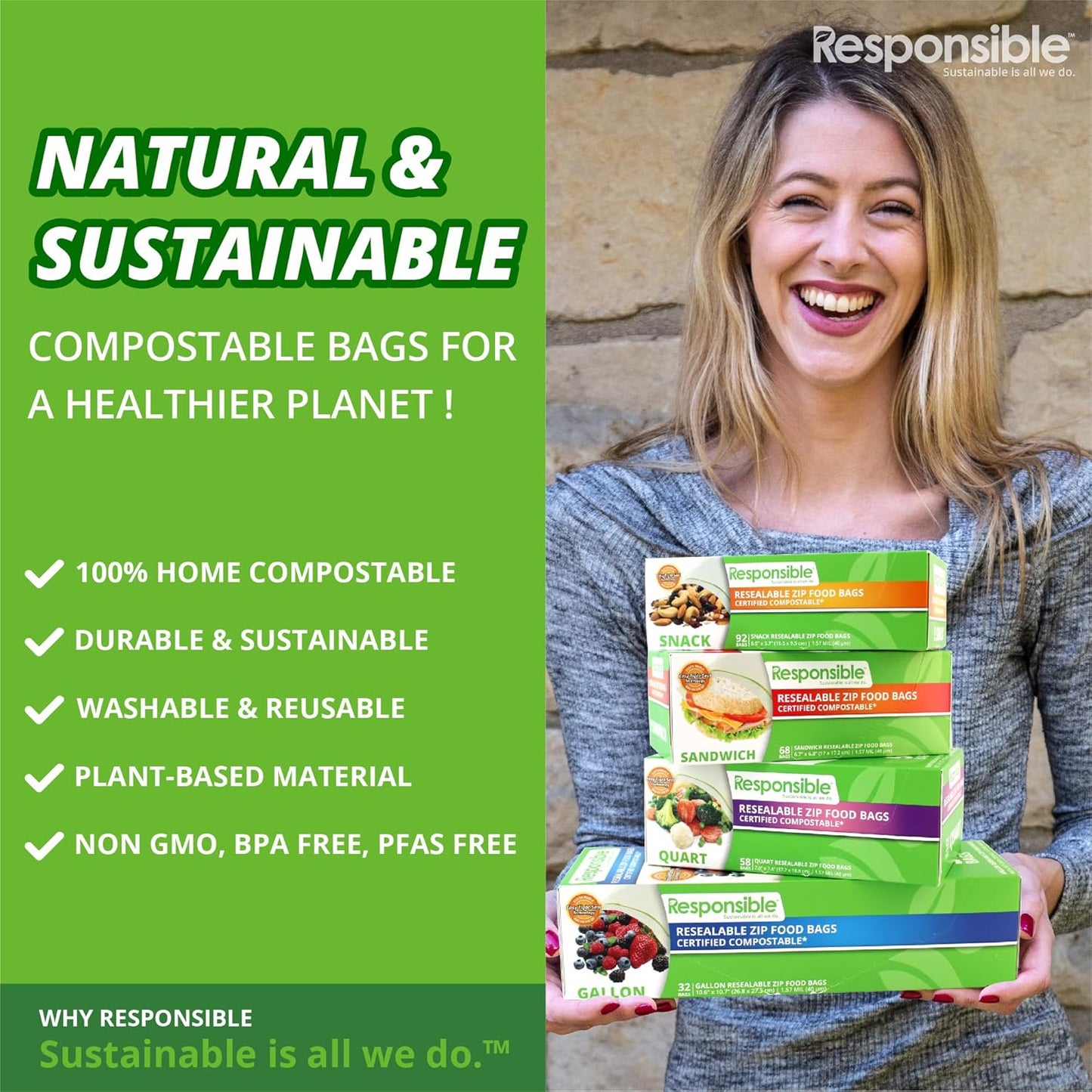 Responsible Products Certified Compostable QUART Resealable Zip Bag, Extra Strength Food Bags, Plant-Based Freezer-Safe (58 Pack)