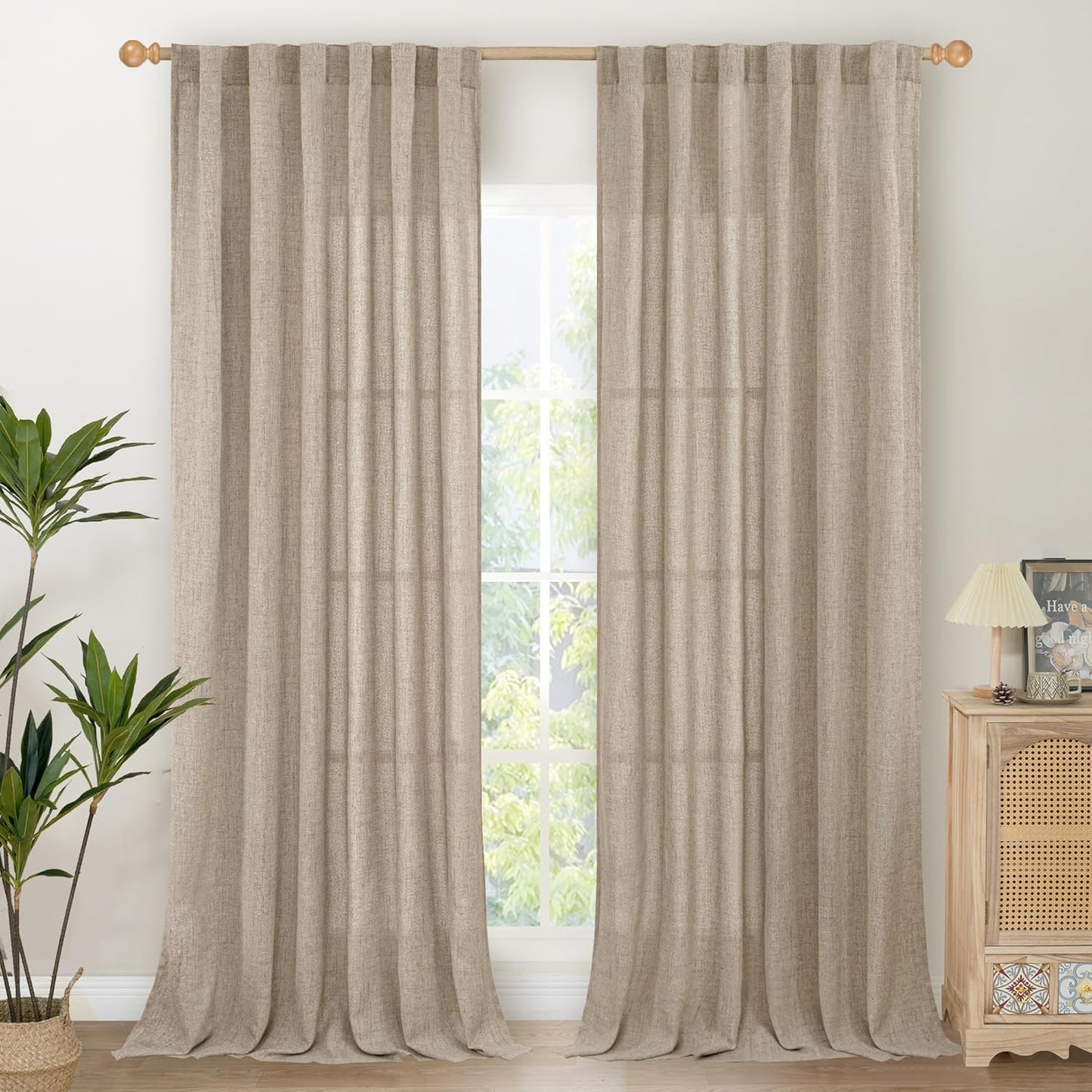YoungsTex Linen Semi Sheer Curtains 95 Inches Long 2 Panels for Living Room, Textured Floor Length Drapes Light Filtering with Rod Pocket Back Tab for Bedroom, Dark Oatmeal,52 X 95 Inch