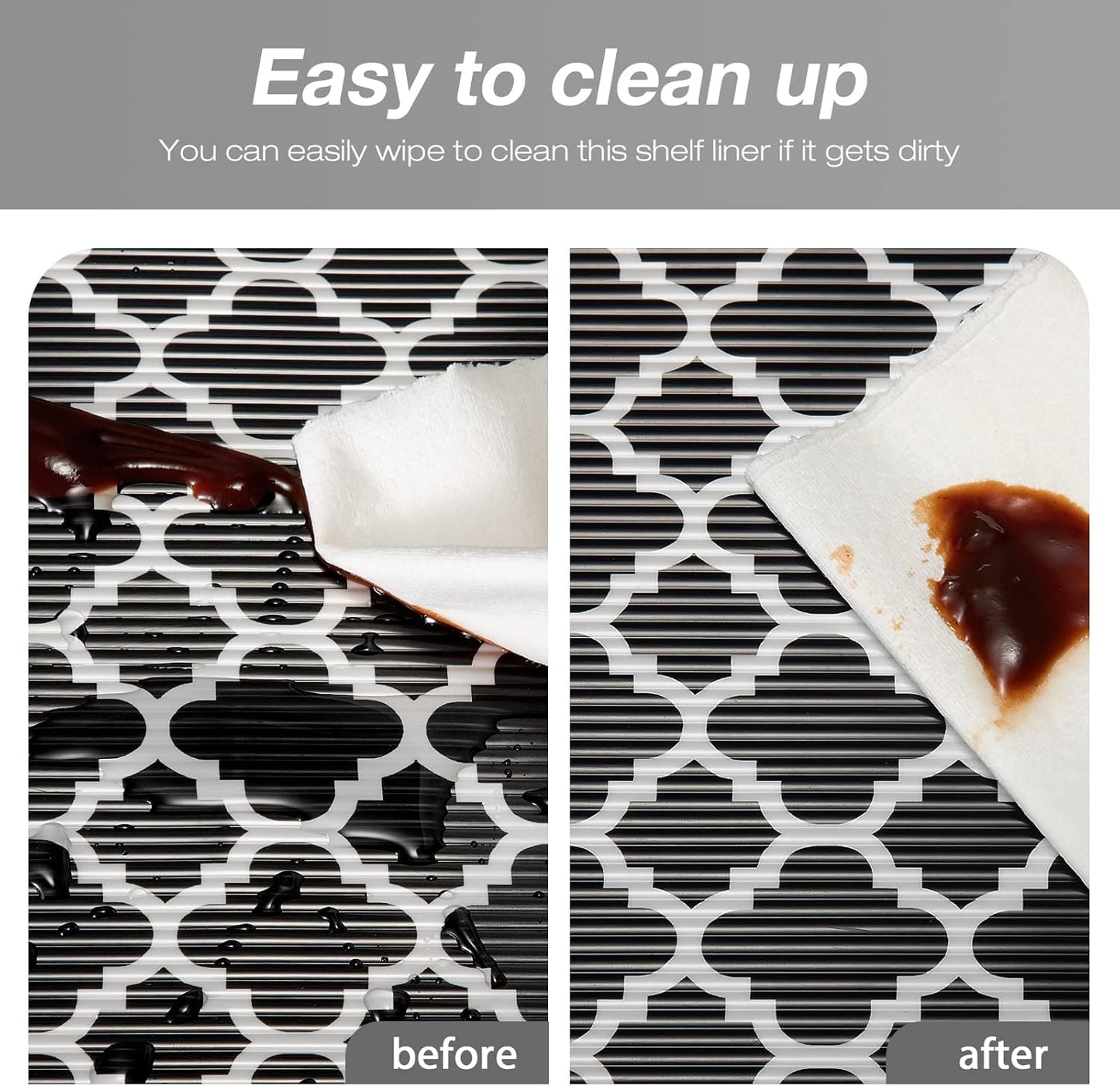 Glotoch Shelf Liners for Kitchen Cabinets 17.5” x 30 ft, Non Slip Drawer Liner, Waterproof Cabinet Liner for Wire/Pantry/Closet/Dresser-Non Adhesive, Heavy Duty, Quatrefoil, Black&White