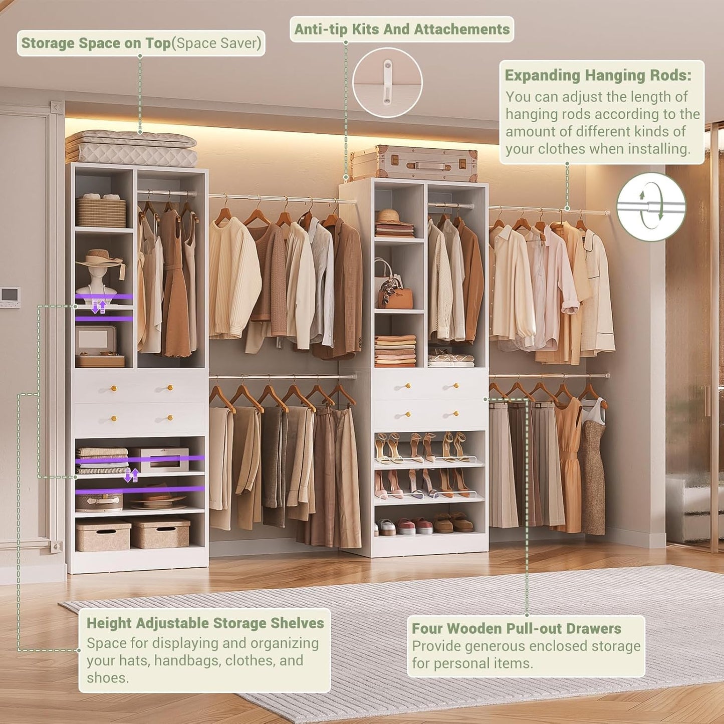 Closet System, Up to 134"/11.2 FT Closet Organizer with 4 Wooden Drawers and Shelves, Walk-in Closet System with 6 Hanging Rods, Built-in Closet Can Fit 96"/8FT, 120"/10FT, White
