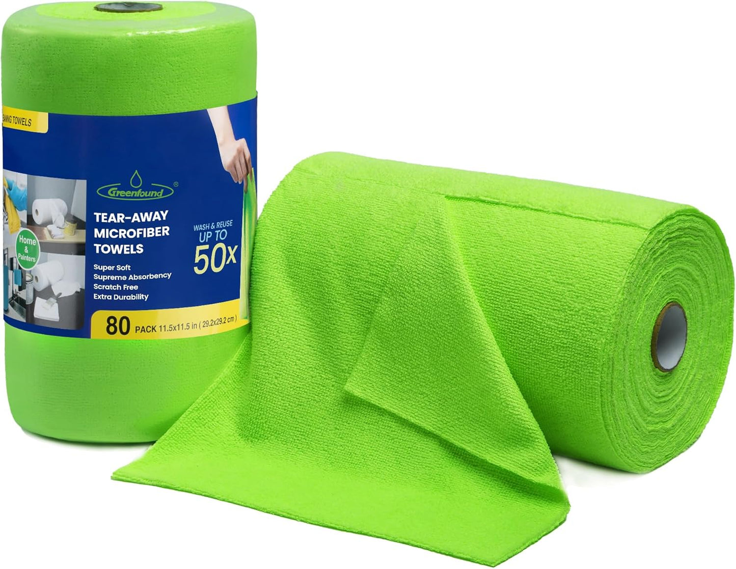 Greenfound Microfiber Cleaning Cloth Roll -80 Pack, 11.5x11.5, Tear Away Towels, Reusable and Washable Rags, Green