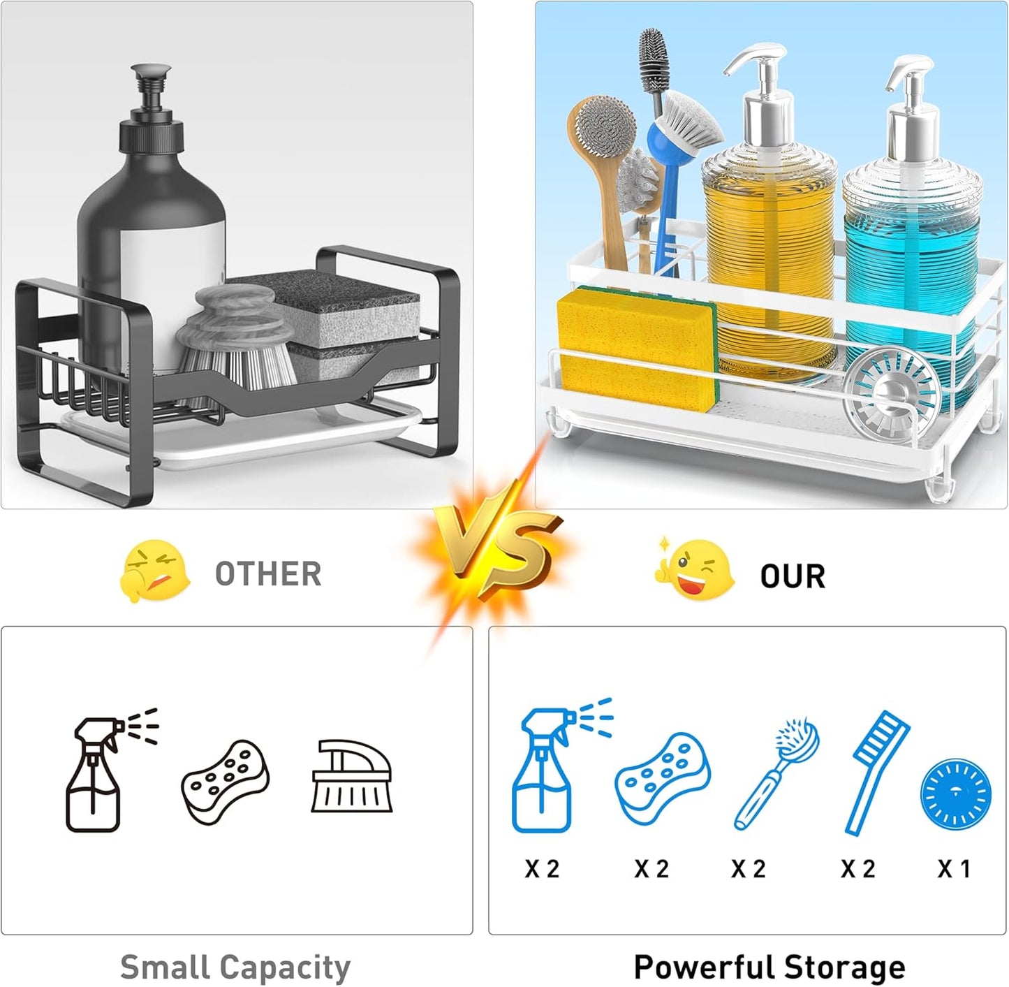 Cisily Sponge Holder for Kitchen, Sink Caddy Organizer, Kitchen Sink Accessories with Drip Tray, Rustproof and Non-Slip Kitchen Sink Sponge Holder, Kitchen Essentials for New Home（White）